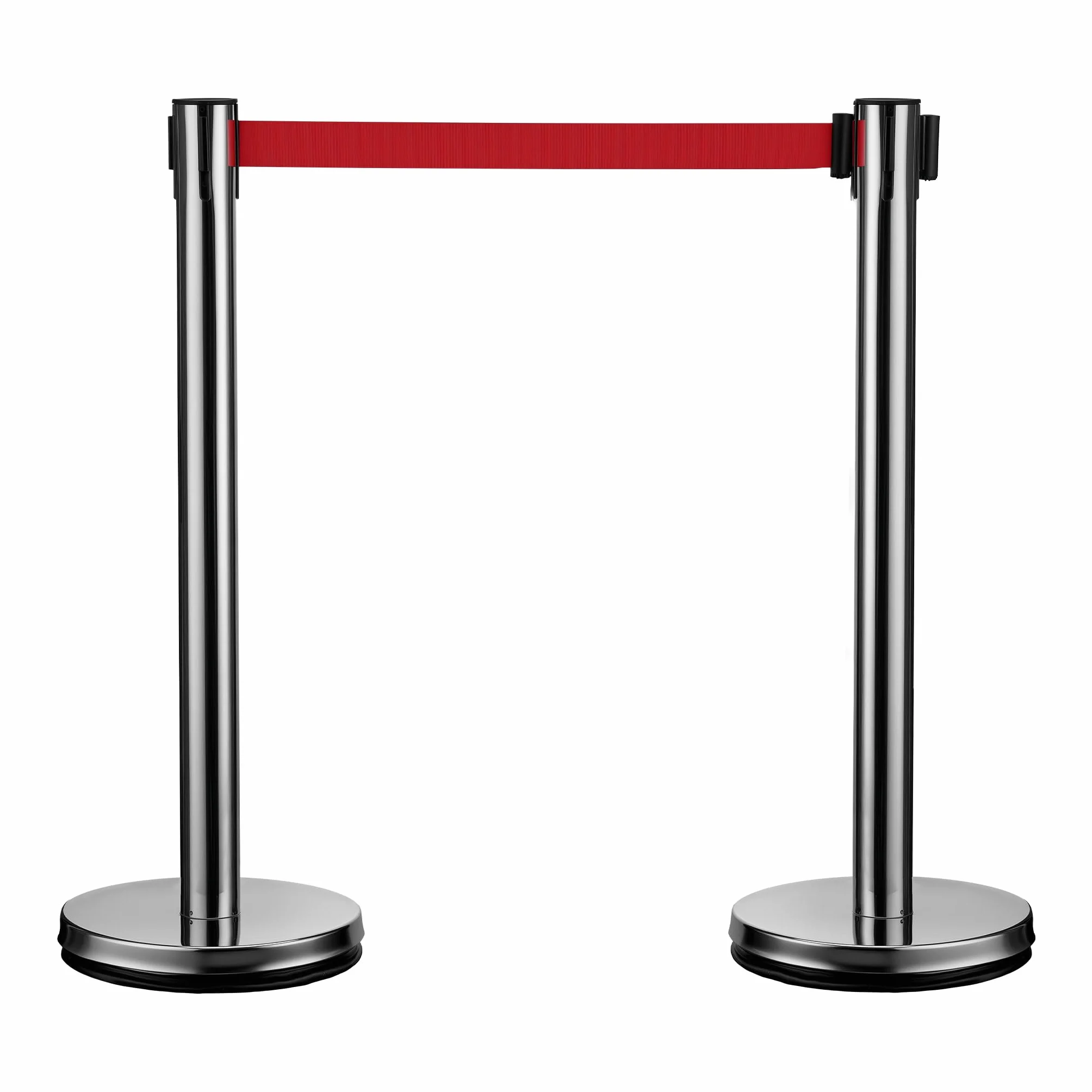 Wiltec Juego de 2 postes separadores con cinta retráctil roja 200 cm, acero inoxidable