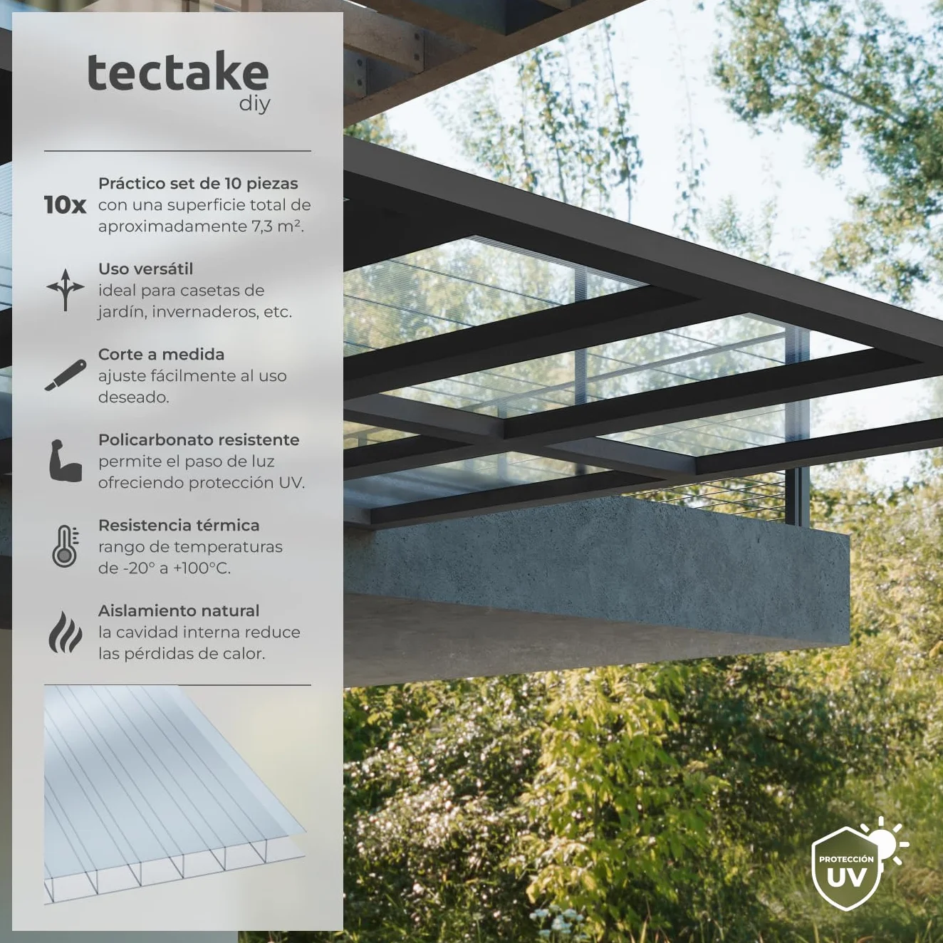 tectake Placas de Policarbonato Transparente 121x60.5x0.4 cm Resistente UV Exterior Tejado Marquesina