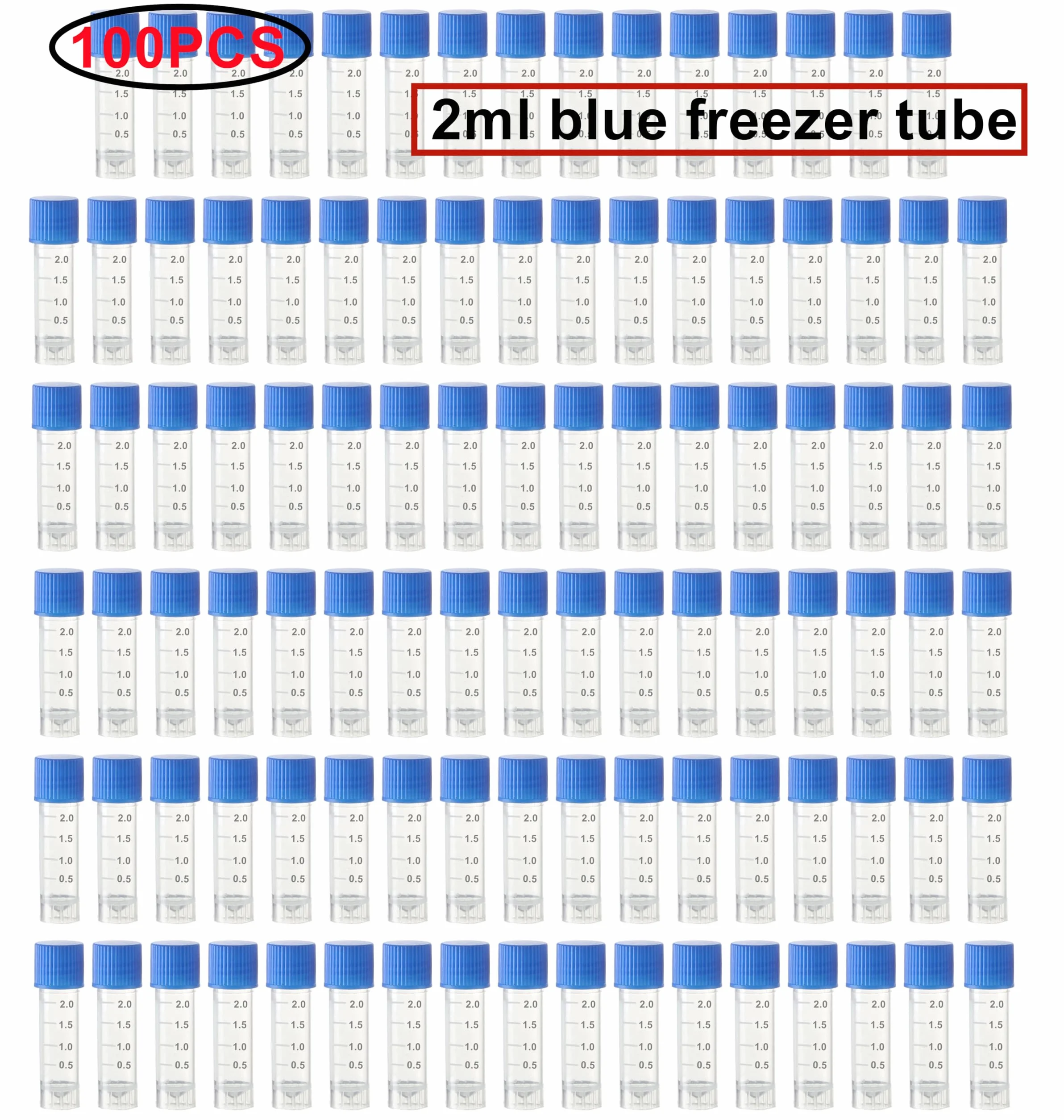 HUAZIZ 100 Piezas 2 Ml Tubos de Ensayo Plástico, Tubo Criogénico, Vial con Tapa de Tornillo Azul para Laboratorio