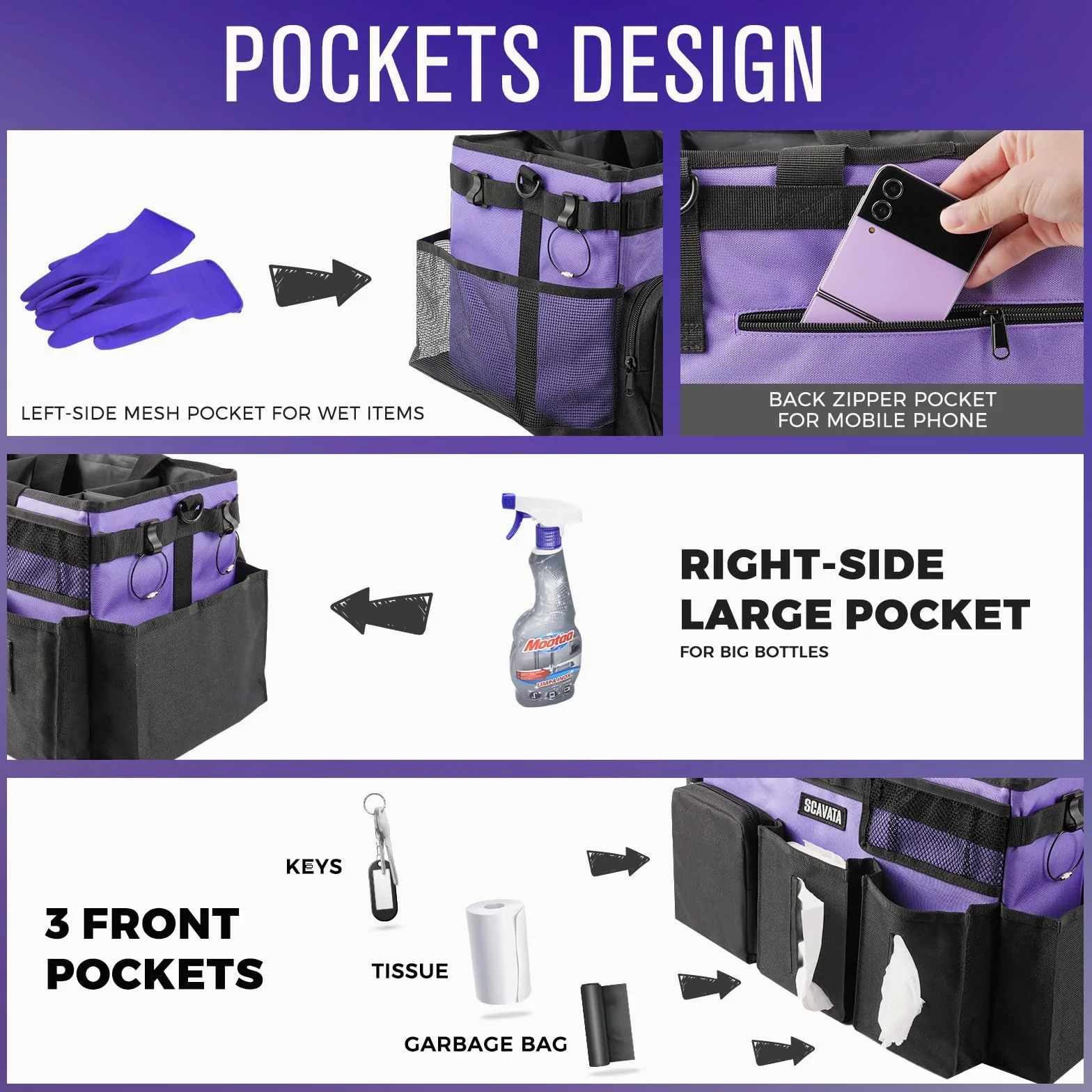 SCAVATA Bolsa de Limpieza portátil, Organizador de Suministros de Limpieza con asa y Correas de Hombro para amas de casa, organizadores de Herramientas de Limpieza Debajo del Fregadero y Coche con 4