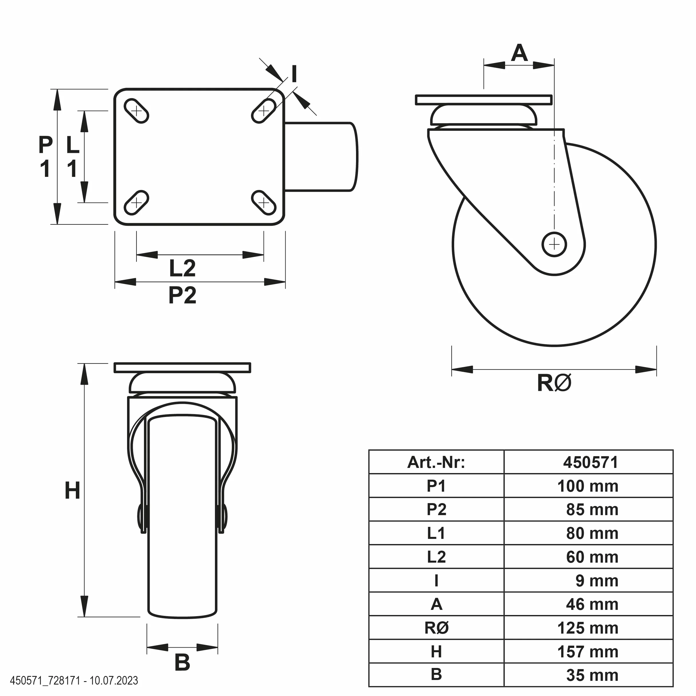 Dörner + Helmer Ruedas Giratorias 125 mm Polipropileno Placa 100x85 mm Carga 600 kg Set