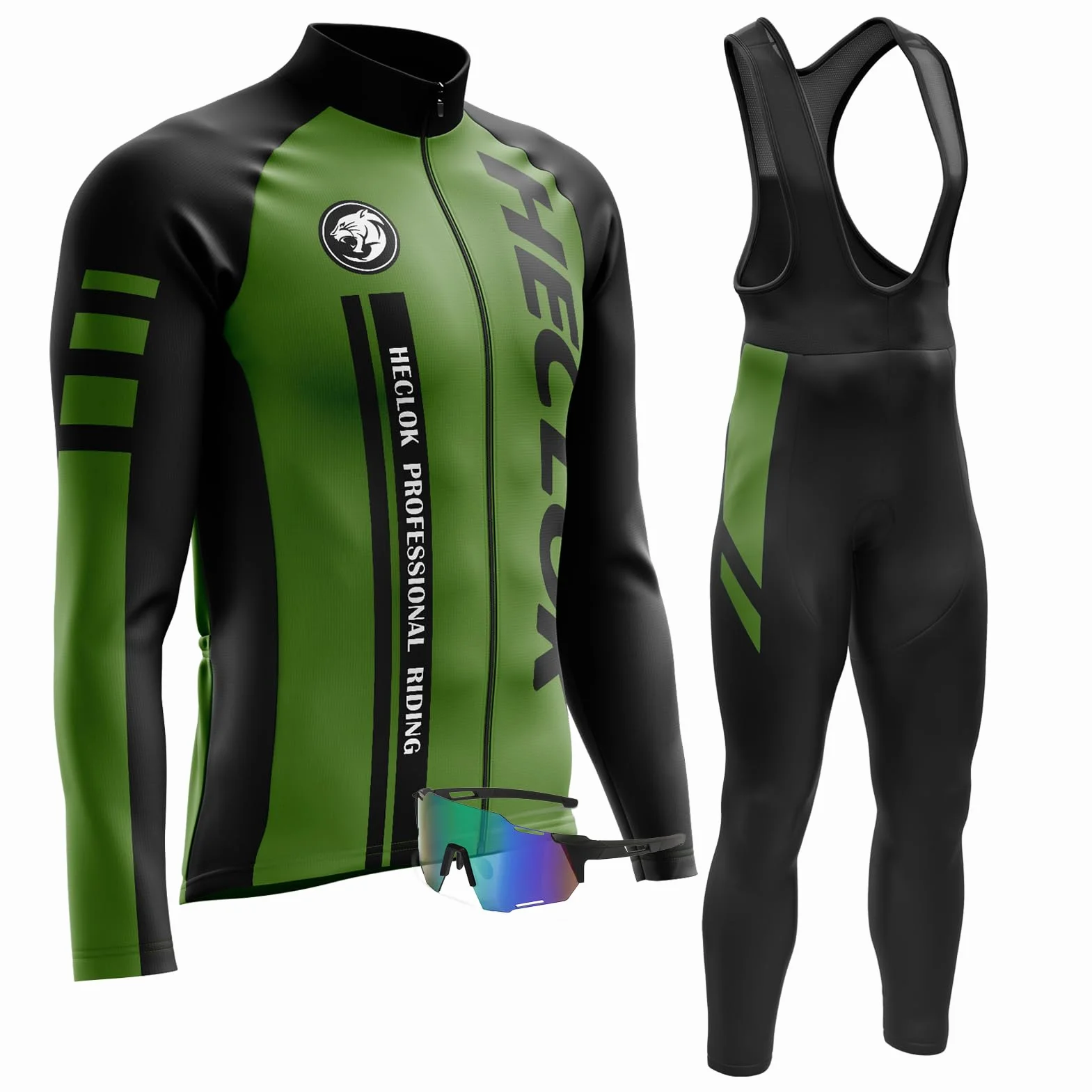 Maillot Ciclismo, Conjunto Ciclismo Hombre Manga Larga + Ropa Ciclismo con Tirantes 9D Gel Acolchado Culotte Largo＋Gafas Cortaviento Ciclismo Gafas de Sol Polarizadas
