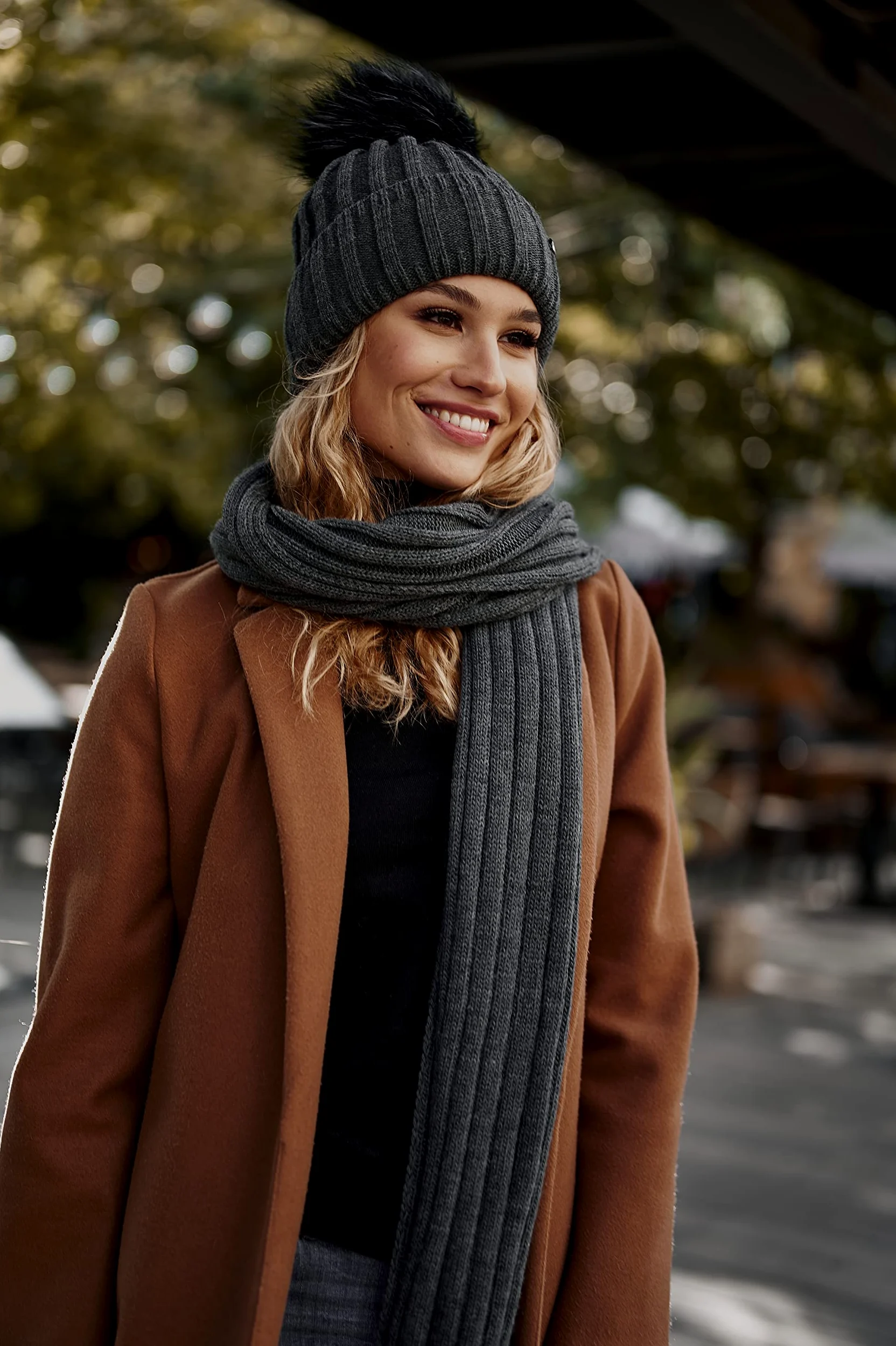 ELIMELI Gorro de cachemira para mujer, de invierno, cálido, gorro de lana con cachemira, gorro de invierno con pompón de piel sintética, gorro de punto para mujer, para invierno, gorro de pompón,