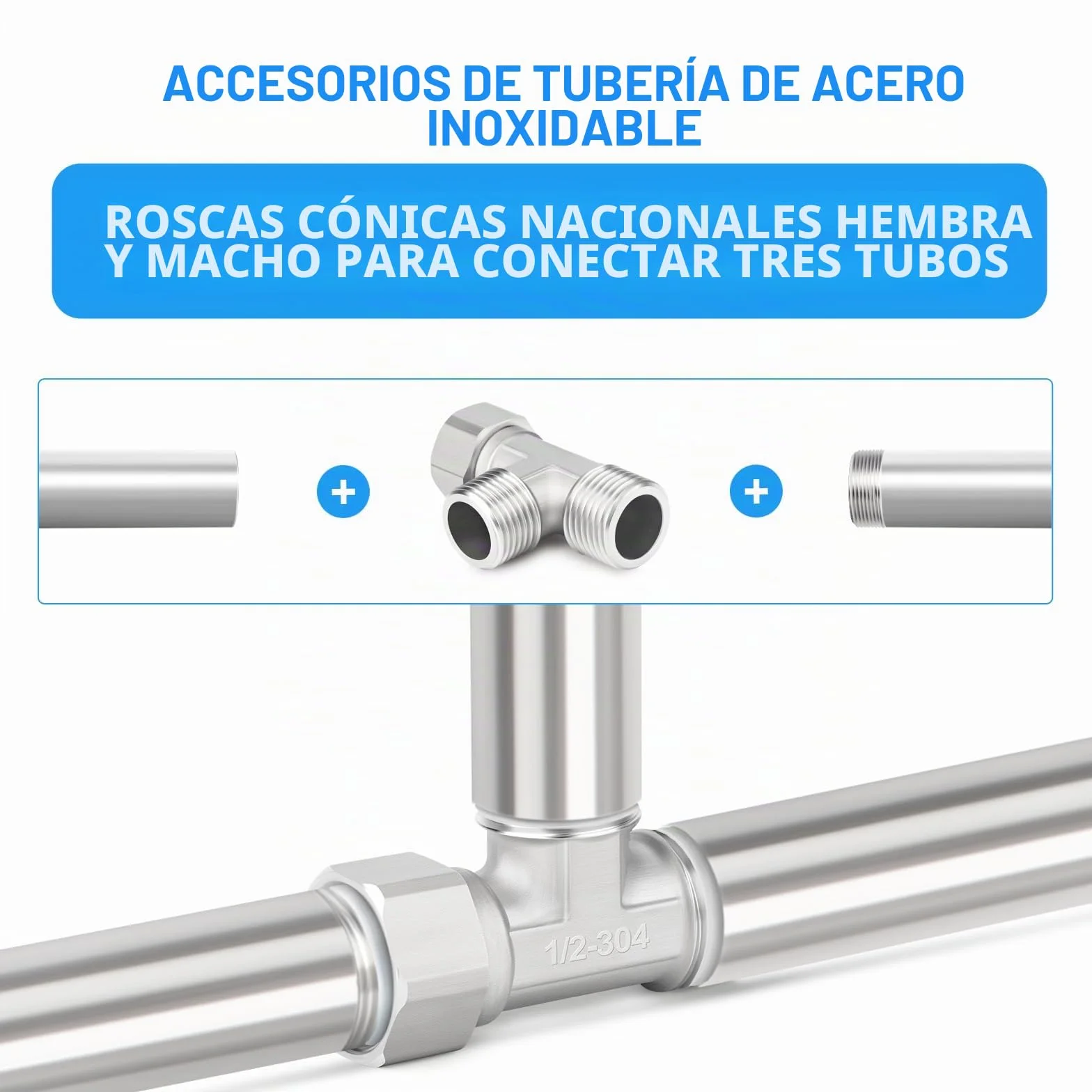 Conector en T flexible 3 vías acero inoxidable 304 1/2" macho BSP tuerca de unión para rociador
