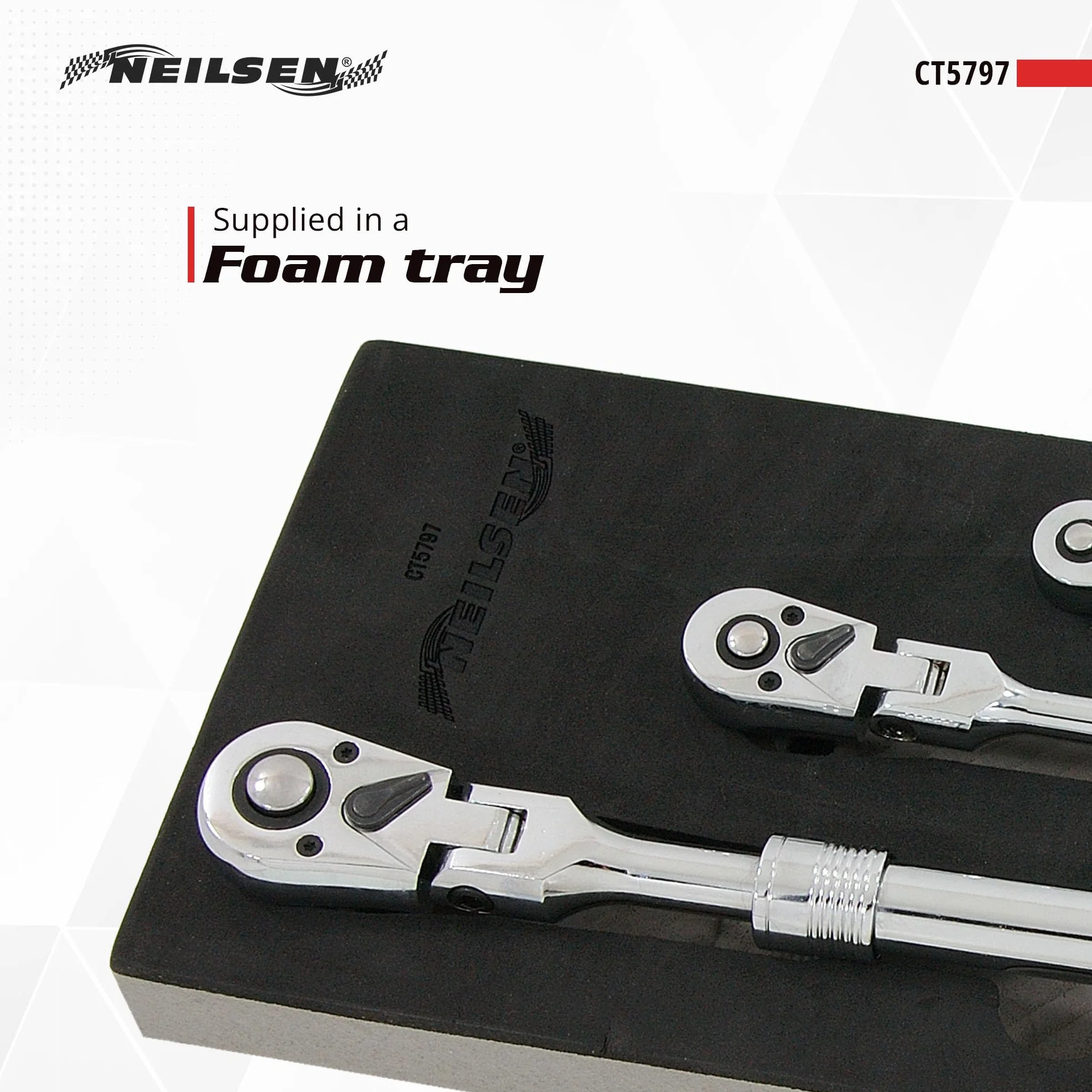 Neilsen CT5797 Juego de trinquetes extensibles 3 piezas cabezal giratorio 18 grados accionamiento 1/10.2 cm 3/20.3 cm 1/5.1 cm mecanismo 72 dientes