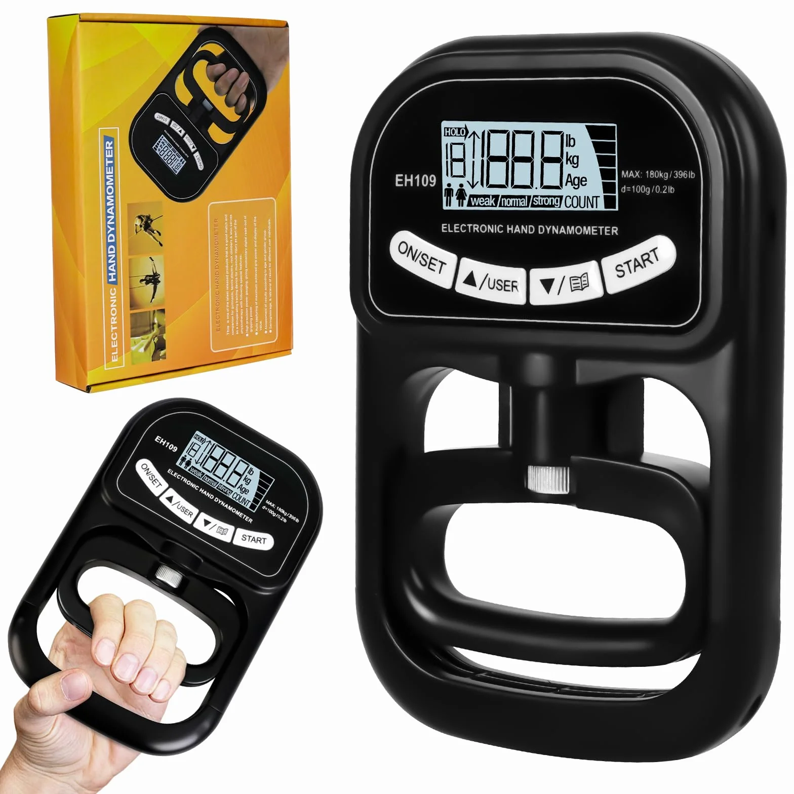 Dinamómetro de Mano Digital 180kg Medidor Fuerza Agarre Pantalla LCD USB Recargable