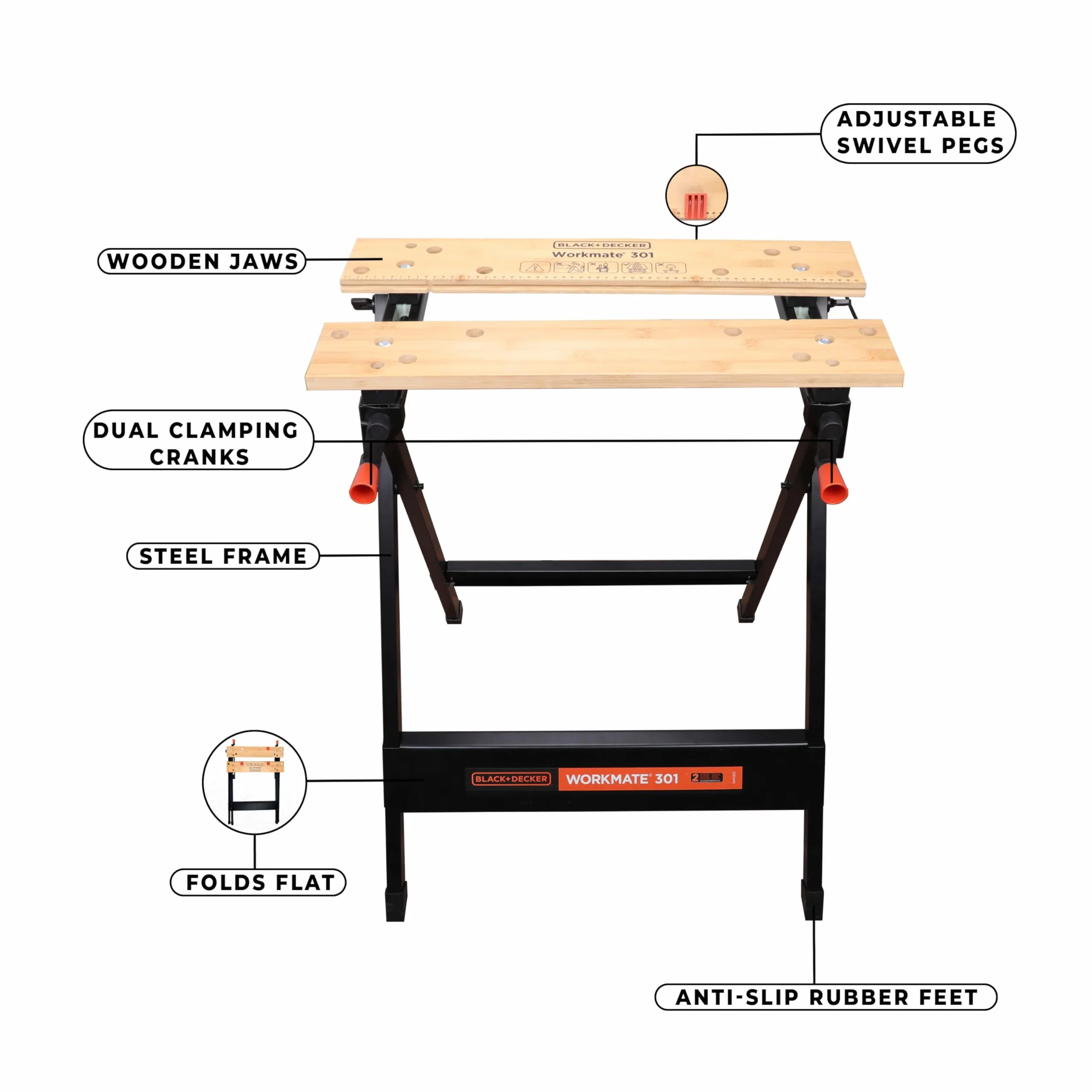 BLACK+DECKER WORKMATE WM301-XJ Banco de Trabajo Plegable, Doble Manivela, Patas Antideslizantes, Bambú y Acero, Negro