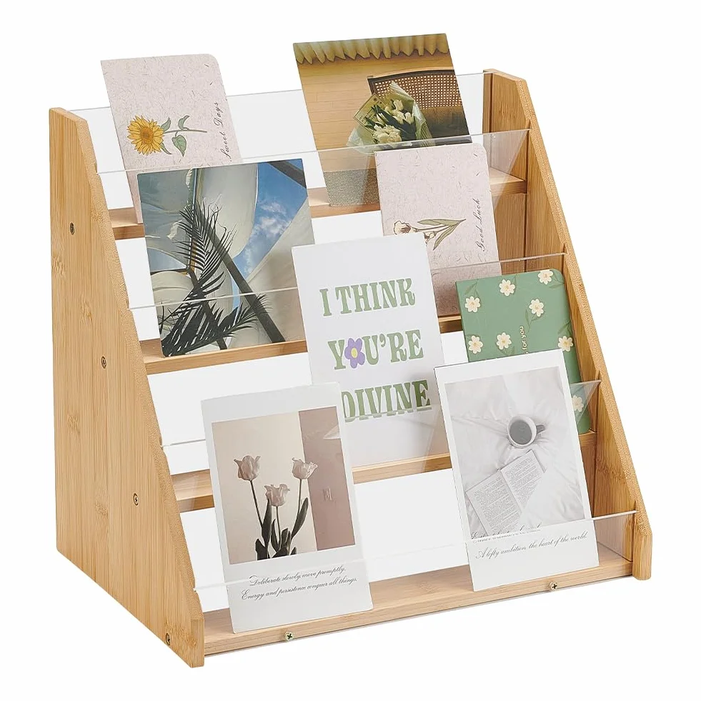 UNICRAFTALE Expositor de 4 pisos para tarjetas de felicitación, soporte de bambú y acrílico