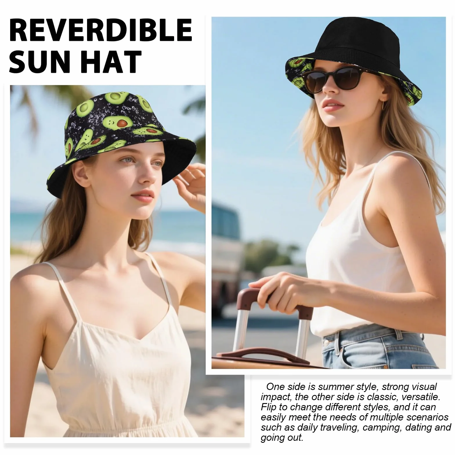 Mujer Sombrero de Pescador Reversible Algodón Bucket Hat, Protección UV Frutas Impresión Vacaciones Sombrero de Sol Ligera Gorra de Pesca, Plegable Verano Gorros de Playa para Viaje Fiesta