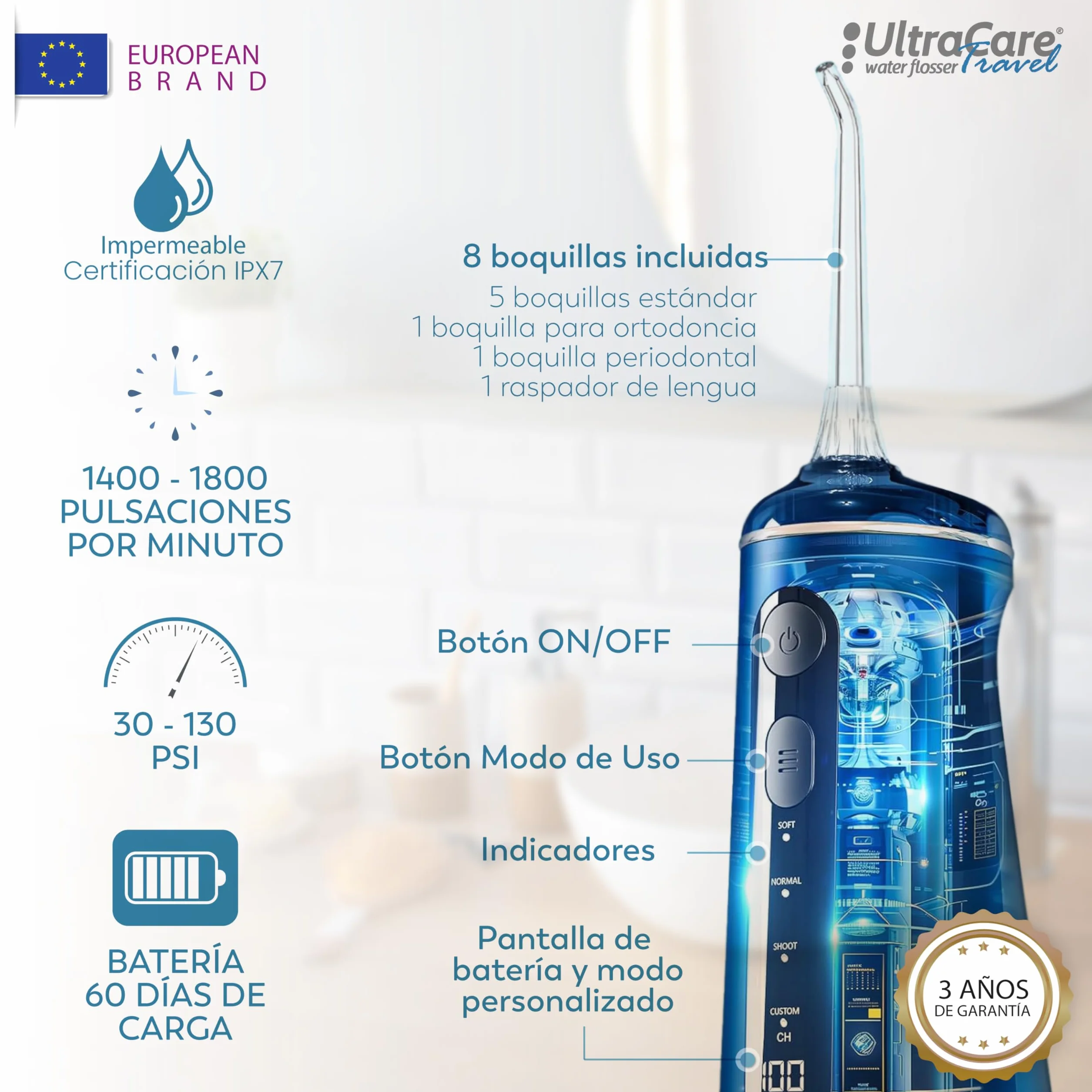 Aquapik Irrigador Bucal Portatil Inalámbrico Profesional 8 Boquillas 4 Modos IPX7 300ML USB-C Recargable