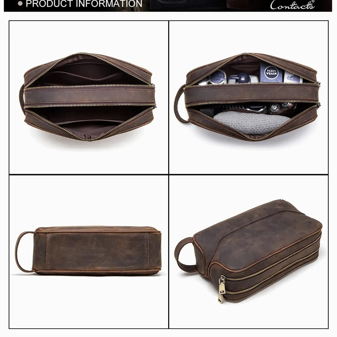 Contactos Hombre Bolsa de Aseo de Negocios de Viaje de Cuero de Vaca con Gran Capacidad Doble Cremallera, 5#café, Taille Unique, Bolsa de Aseo