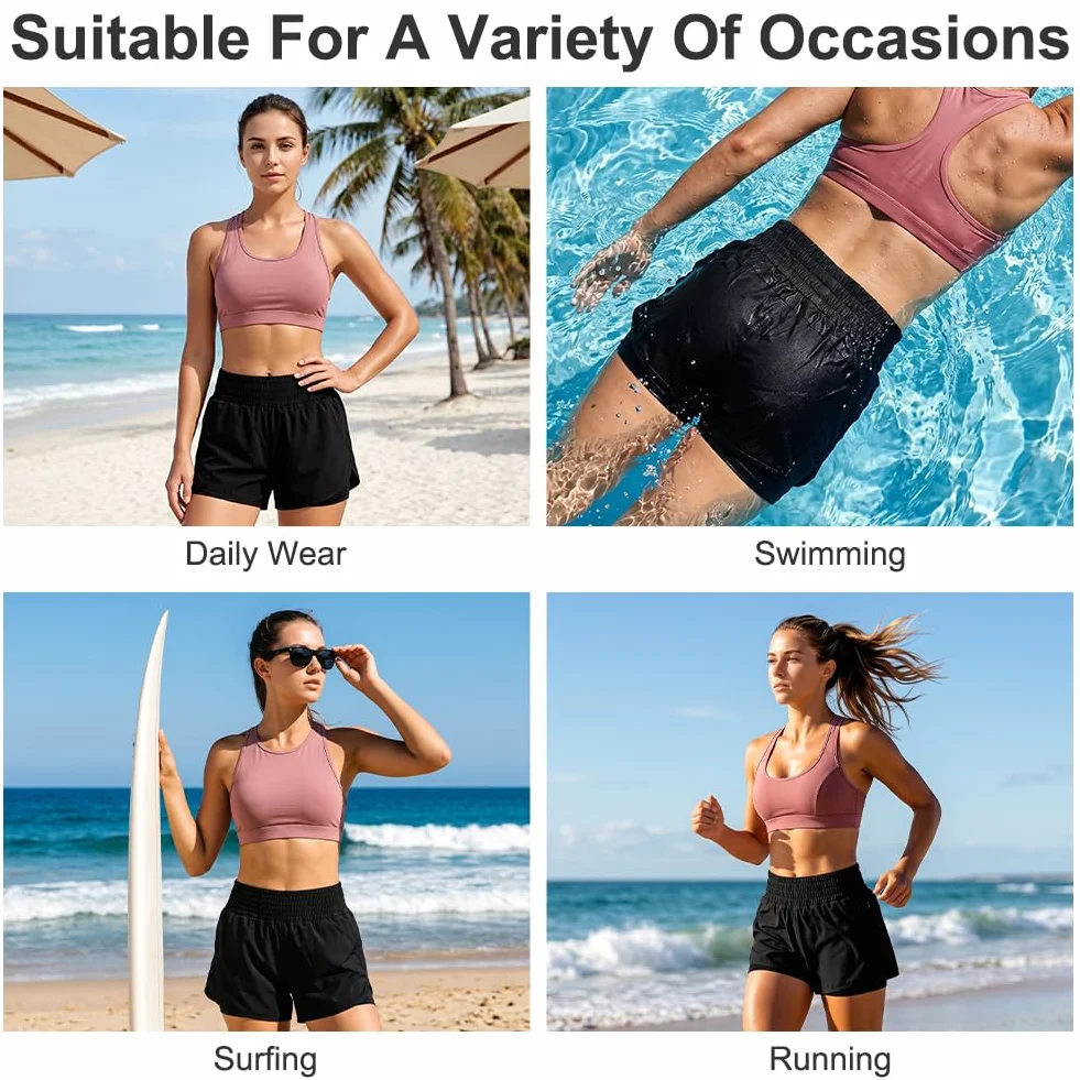 Aolso Shorts de Natación Mujer, Bikini Verano Short Pantalones Cortos, Shorts de Playa Secado Rapido con Bolsillos y Control de Abdomen para Playa Surf Vacaciones Deportes Acuáticos y Exterior-M/L