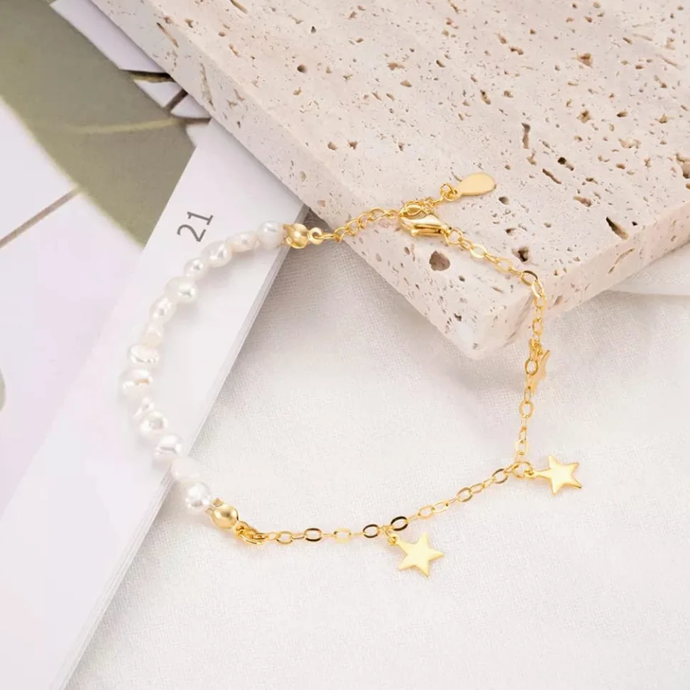 Pulsera o tobillo de plata de ley 925 chapada en oro de 18 quilates, con clip de papel delicado y perlas de agua dulce, cadena cubana o tobillo, 7 pulgadas + extensor de 1 pulgada, hipoalergénico, sin