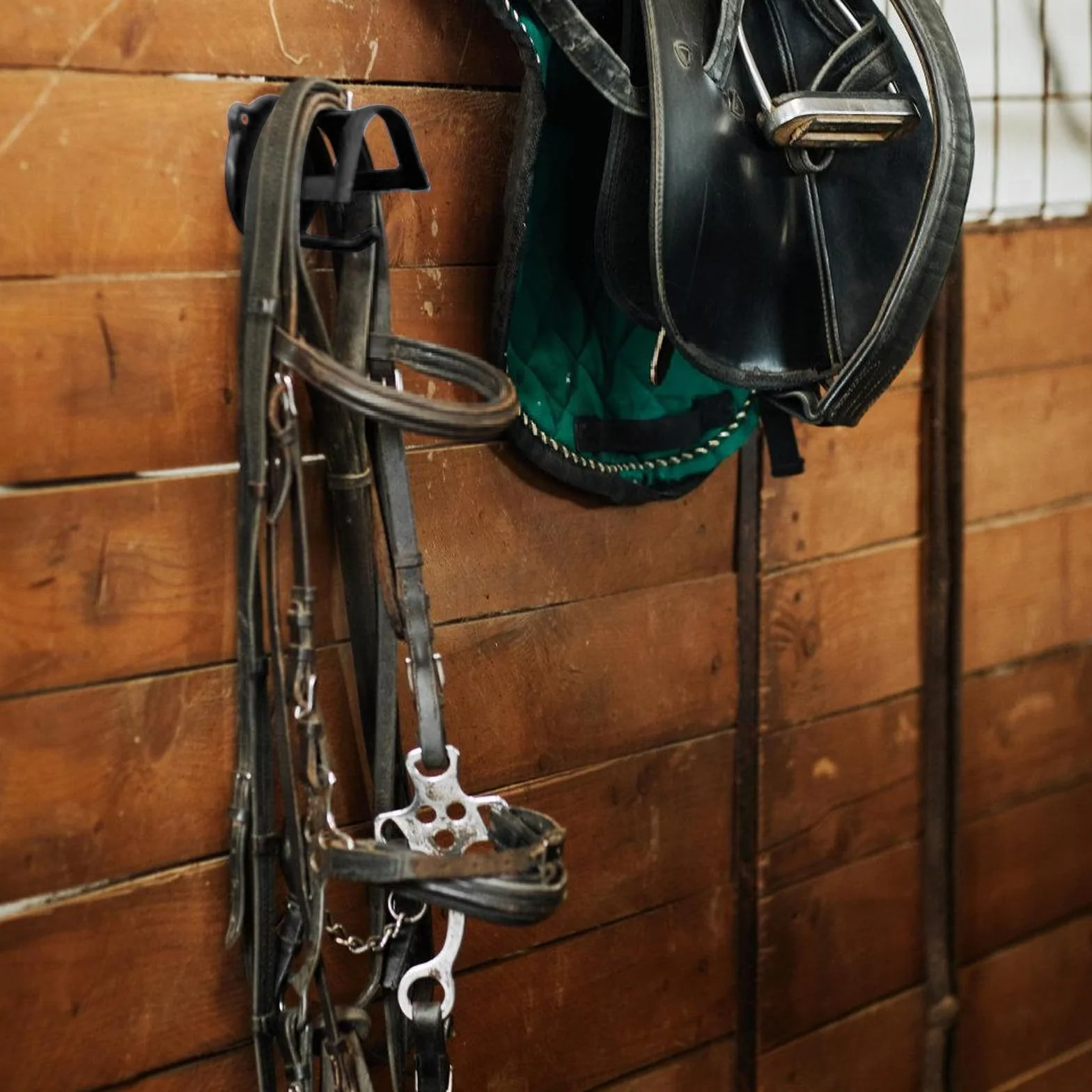 Soporte para caballo de metal negro, gancho de trinquete con tubos y tornillo, brida auxiliar