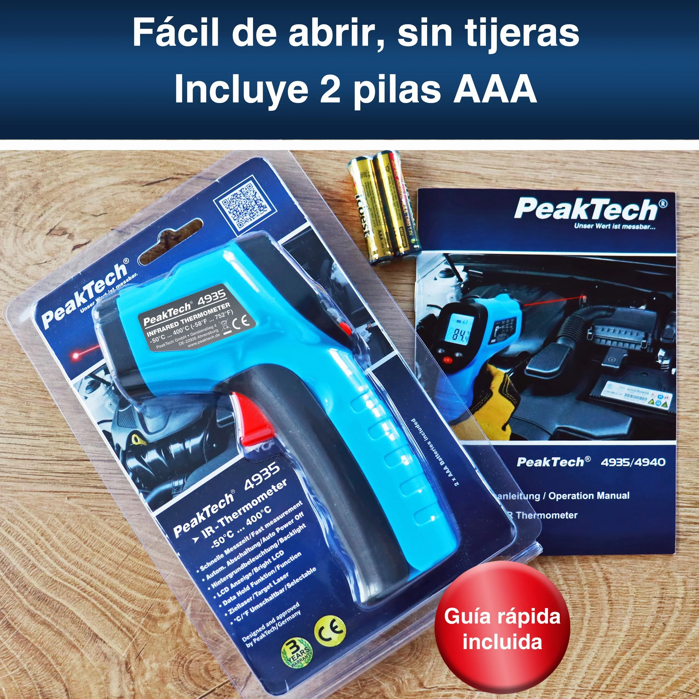 PeakTech 4940 Termómetro infrarrojos láser -50°C 600°C relación 12:1 medición rápida temperatura superficial 0,5s