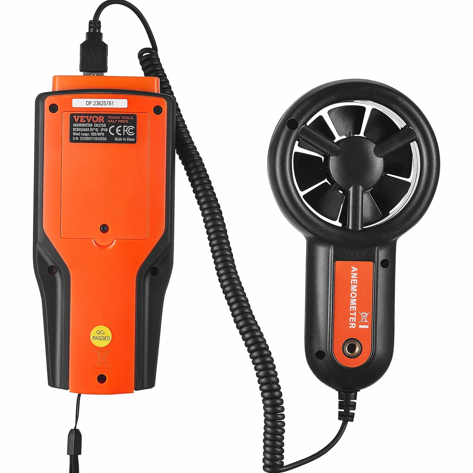 VEVOR Anemómetro Portátil Digital con Pantalla LED Medidor Velocidad Viento CFM -10~60°C para HVAC Drones Navegar