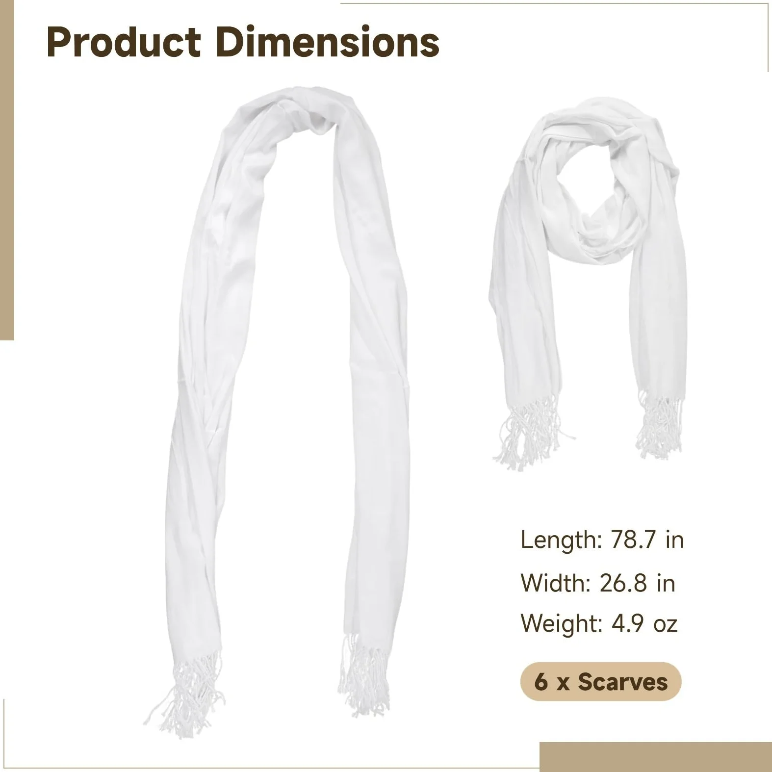 6 bufandas blancas con borlas, 26.8 x 78.7 pulgadas, rayón, protección solar ligera, adaptables para teñir