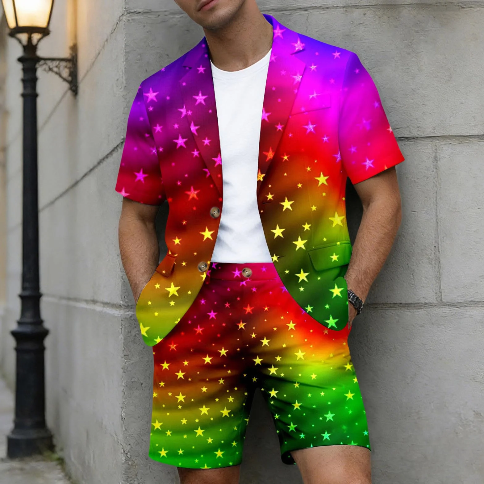 Conjunto chaqueta de traje manga corta hombre estampado arco iris 2 piezas pantalones cortos para playa orgullo gay