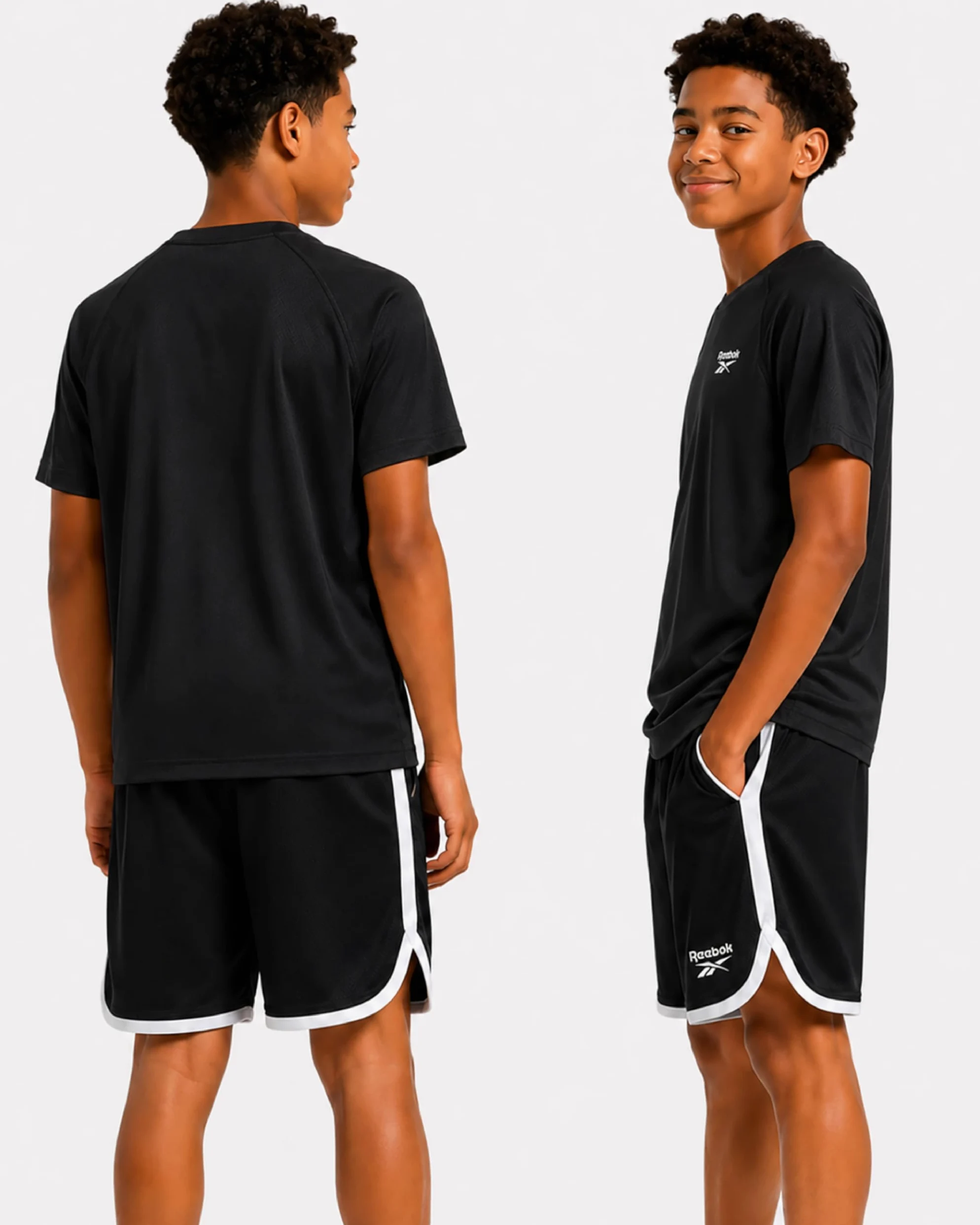 Reebok Conjunto de pantalones cortos deportivos para niños, ropa de verano de 3 piezas con camisetas gráficas y pantalones cortos de baloncesto para niños activos