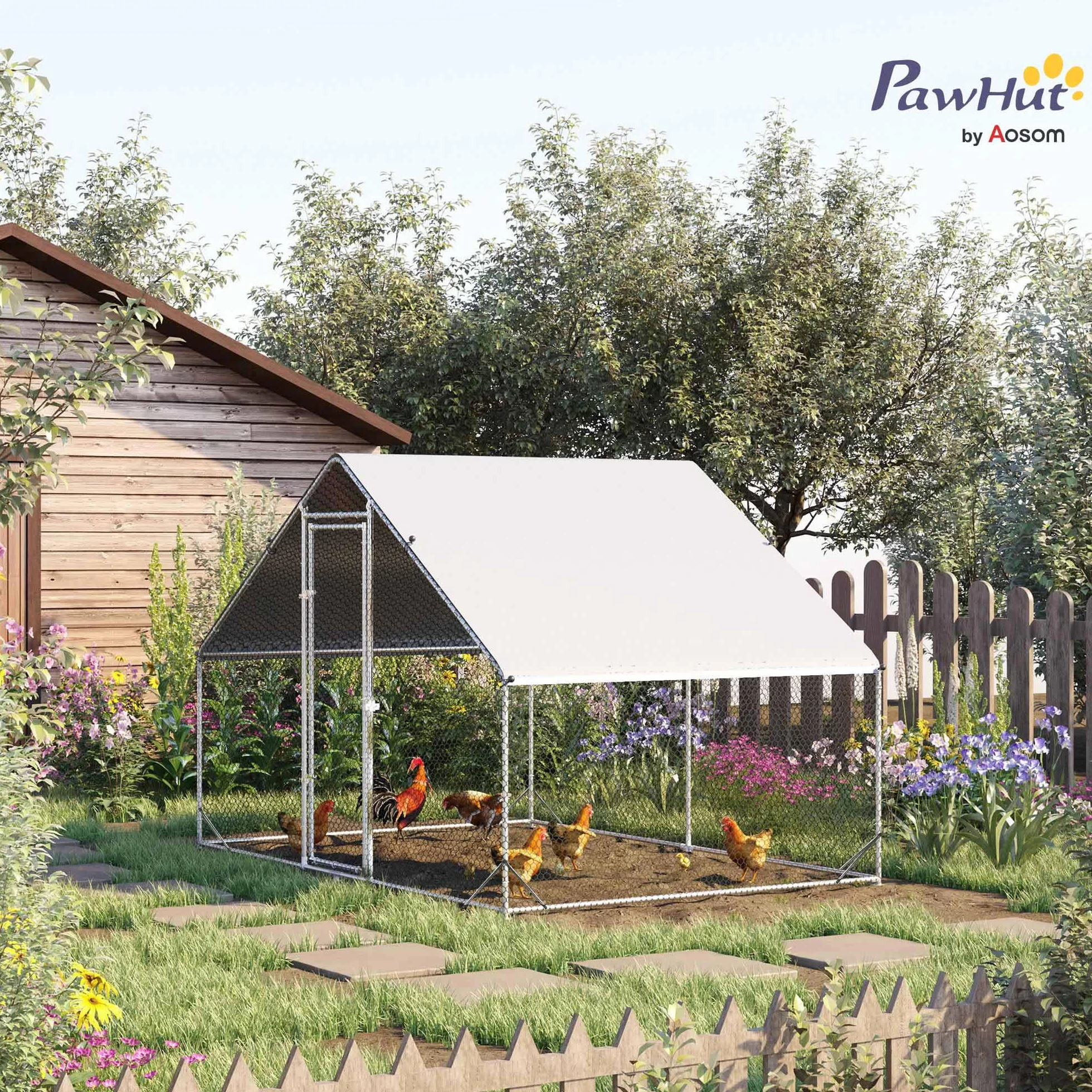 PawHut Gallinero Exterior Grande 3x2x2 m Jaula 4-6 Gallinas Acero Galvanizado Cubierta PE Cerradura Plata