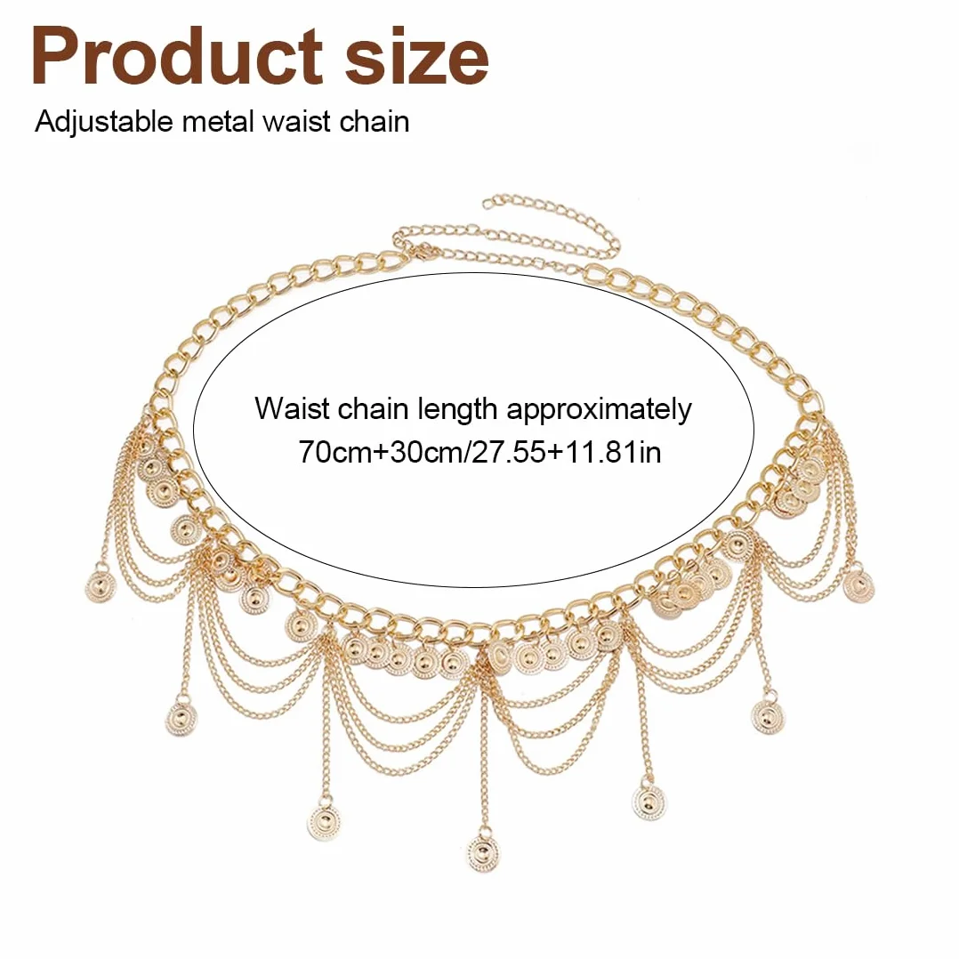 Cadenas de cuerpo,Cinturones para mujer,Accesorio de cadena para cintura para danza del vientre con colgante de borla, longitud de cadena 70 cm + cadena alargadora 30 cm (oro)