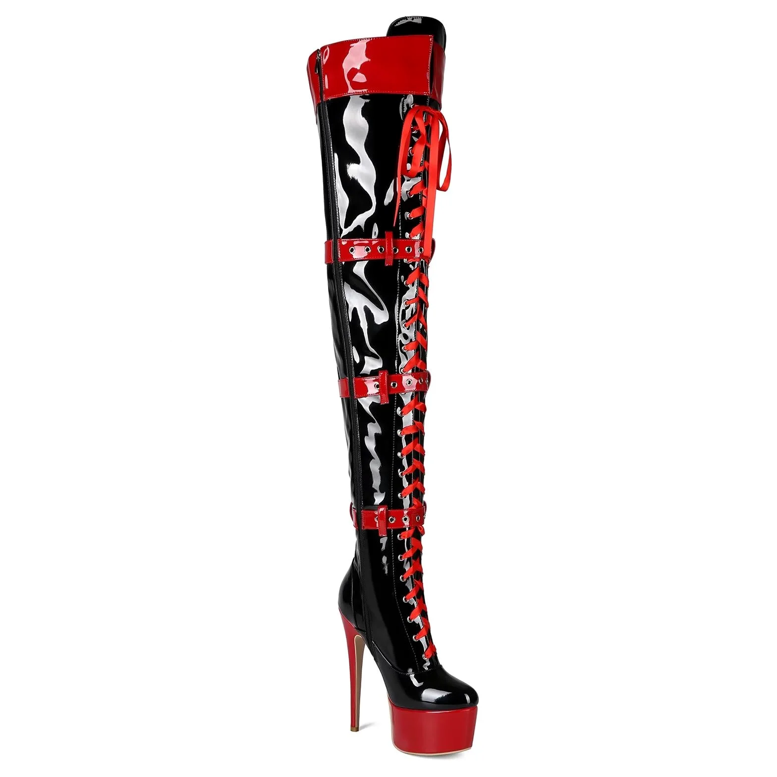 Frankie Hsu Botas largas de tacón alto con plataforma de aguja sexy por encima de la rodilla, cinturón de cinta de charol negro y rojo, ajustable, muslo, talla grande US5-19, zapatos para mujeres y