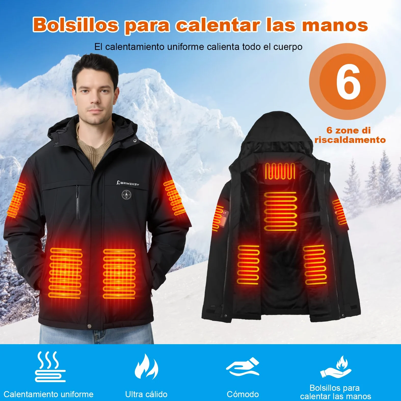 Chaqueta Calefactable Hombre con Forro de Felpa, Batería 20000mAh 7.4V Pantalla HD, 6 Zonas de Calor Ajustables y 3 Niveles de Temperatura, Impermeable y Resistente al Viento