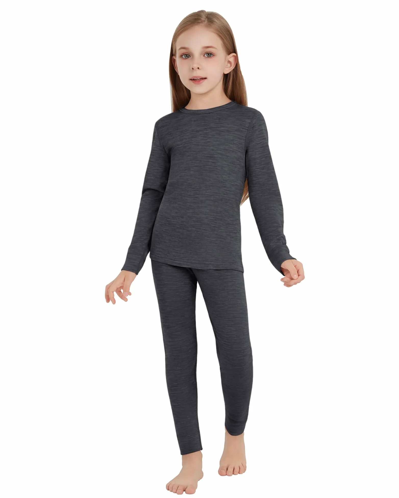 Ropa interior térmica infantil unisex, 100 % lana merino, juego para niños y niñas, ropa interior de esquí de invierno, cálida y cómoda, 260 g/m², gris brezo 3-4