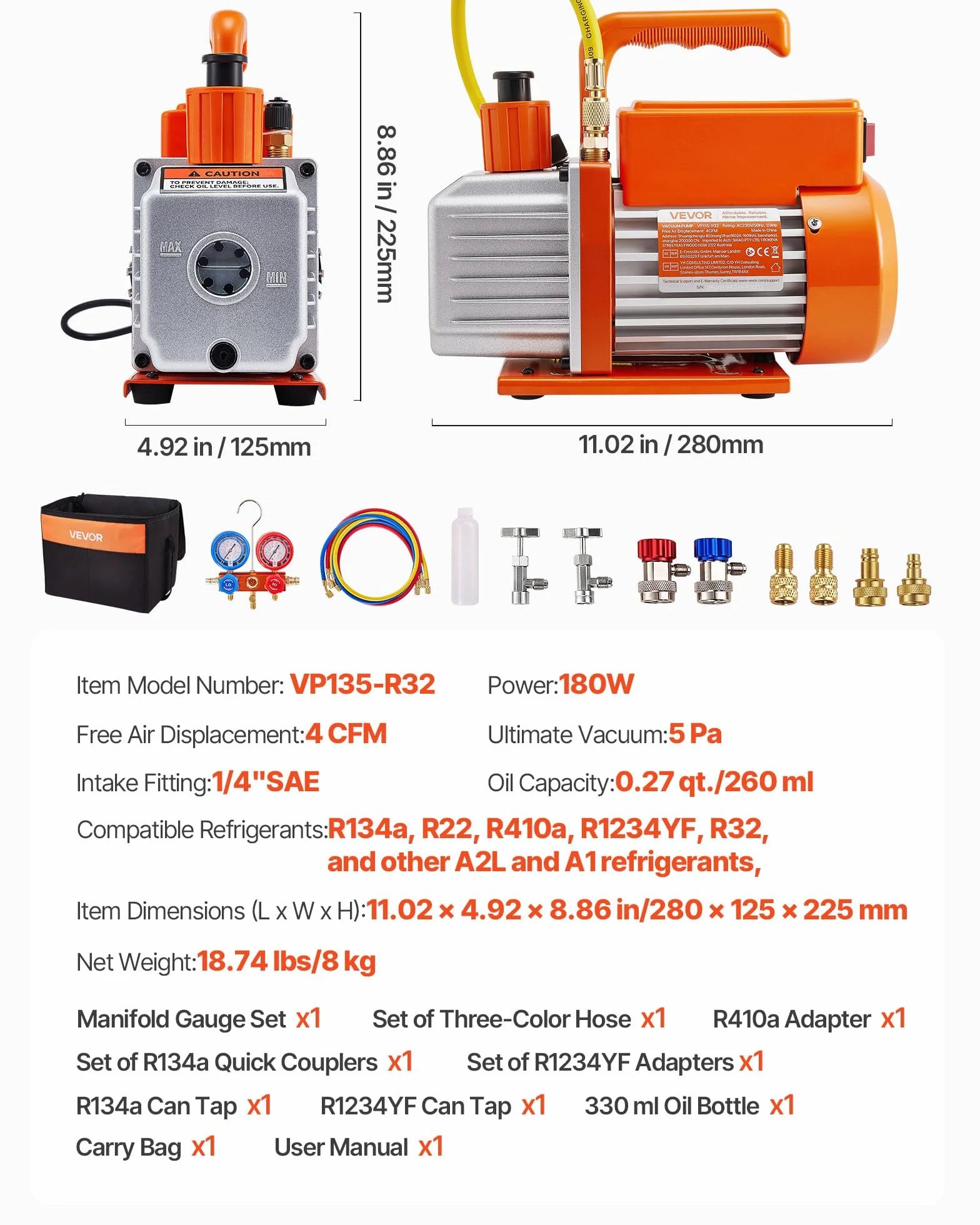 VEVOR Bomba de Vacío 115 L/min Manómetro Aire Acondicionado Una Sola Etapa Paletas Rotativas Detector Fugas Bolsa Transporte Refrigerantes R134a R22 R410a R1234YF