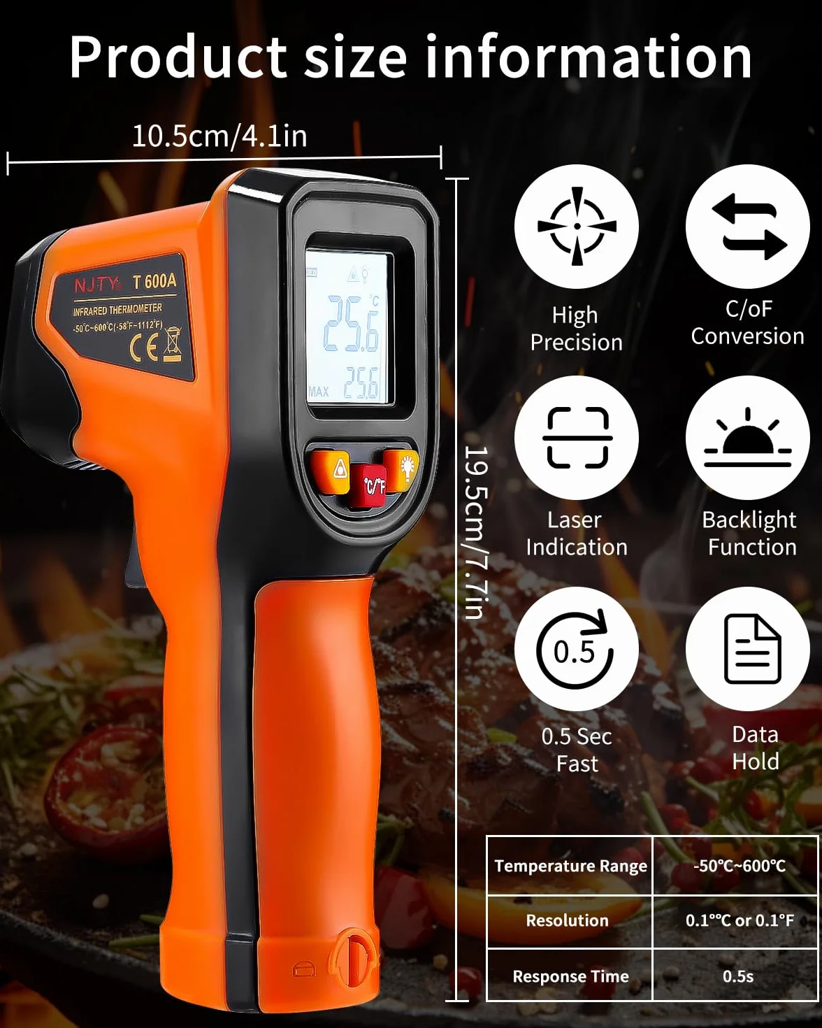 Termómetro Infrarrojo Digital -50℃~600℃ Pistola Temperatura Láser Sin Contacto con Pantalla LCD