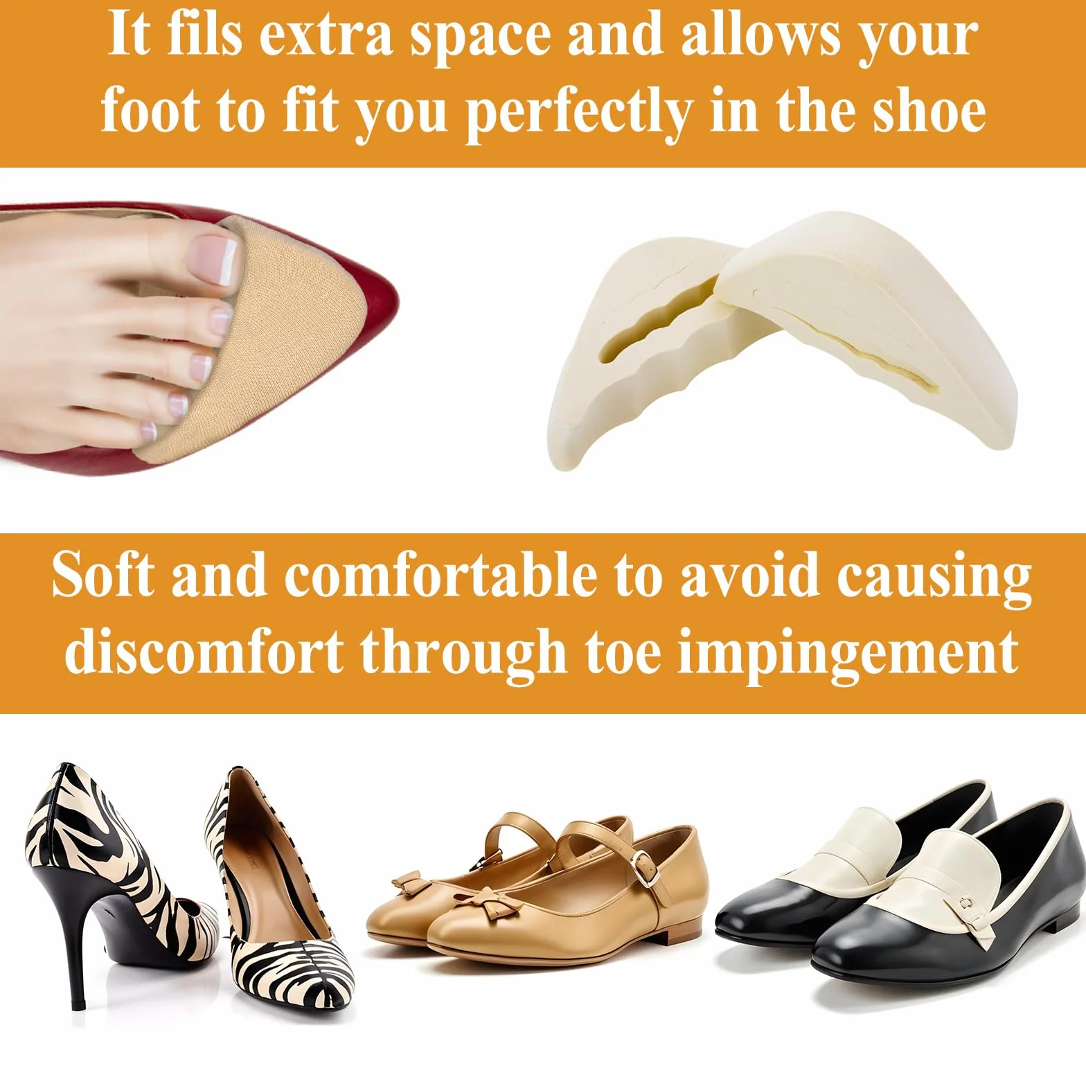 COMNICO Relleno de zapatos para zapatos demasiado grandes, 4 pares de rellenos de esponja suave para zapatos, transpirables, puntera grande, almohadillas reutilizables para el antepié para mujeres y