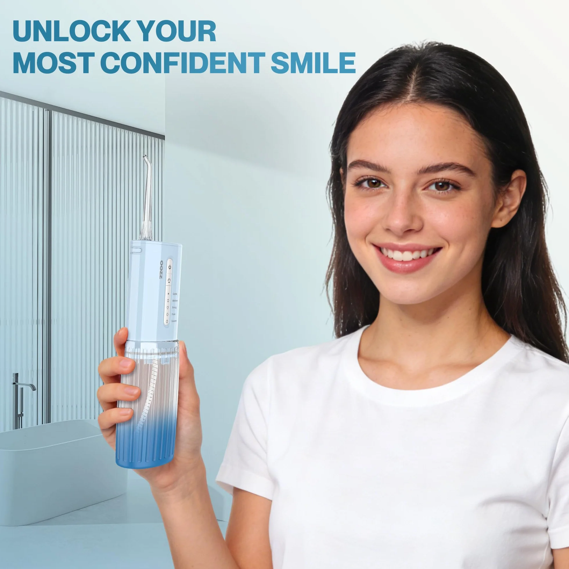 OOZZ Irrigador Bucal de Viaje Inalámbrico 5 Modos 6 Puntas Recargable USB Azul Degradado