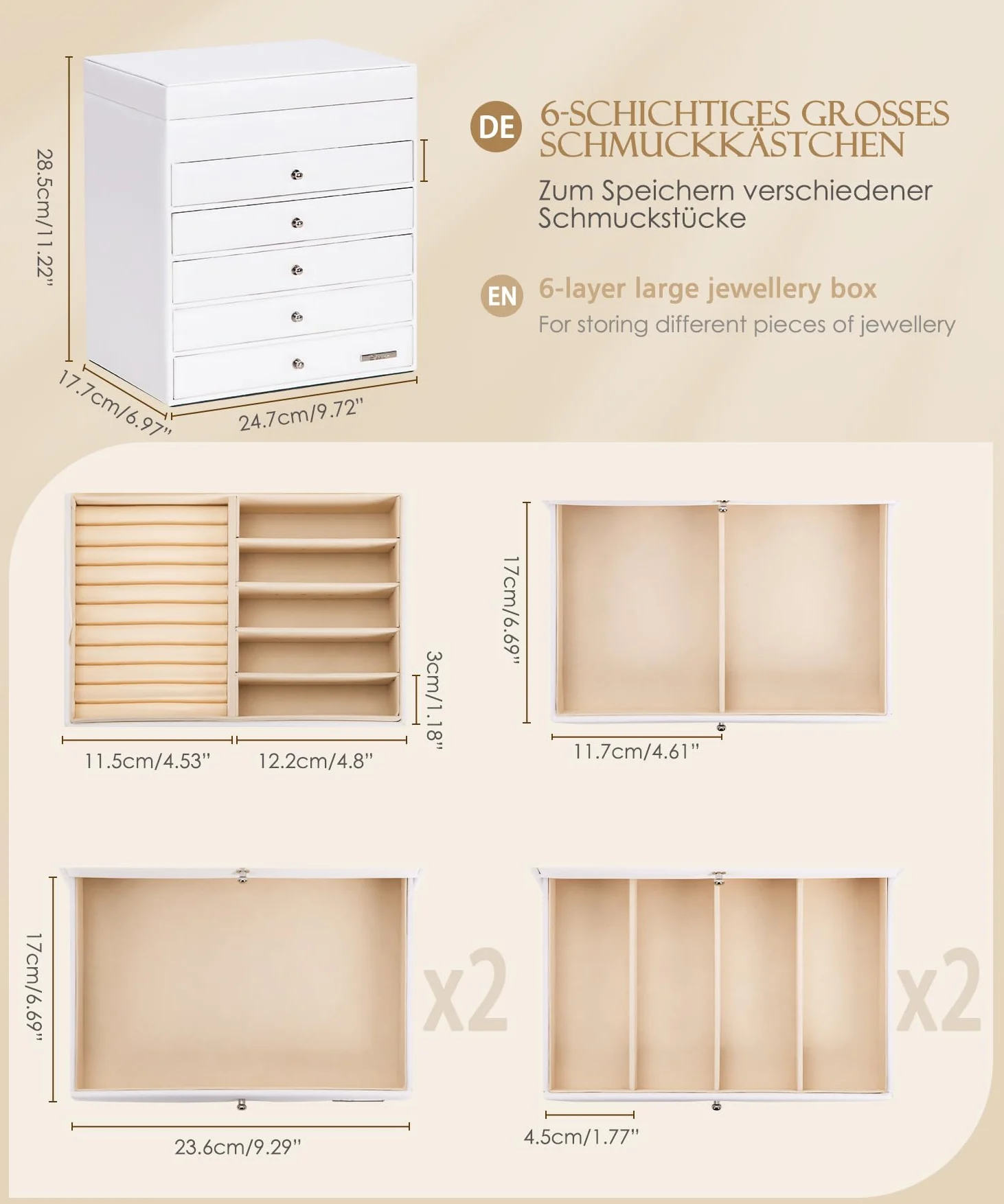 Yorbay Caja de joyas grande con espejo para mujer: 6 niveles y 5 cajones | Compartimentos collares anillos pendientes relojes–Para tocador cómoda–Piel sintética forro terciopelo–Blanco