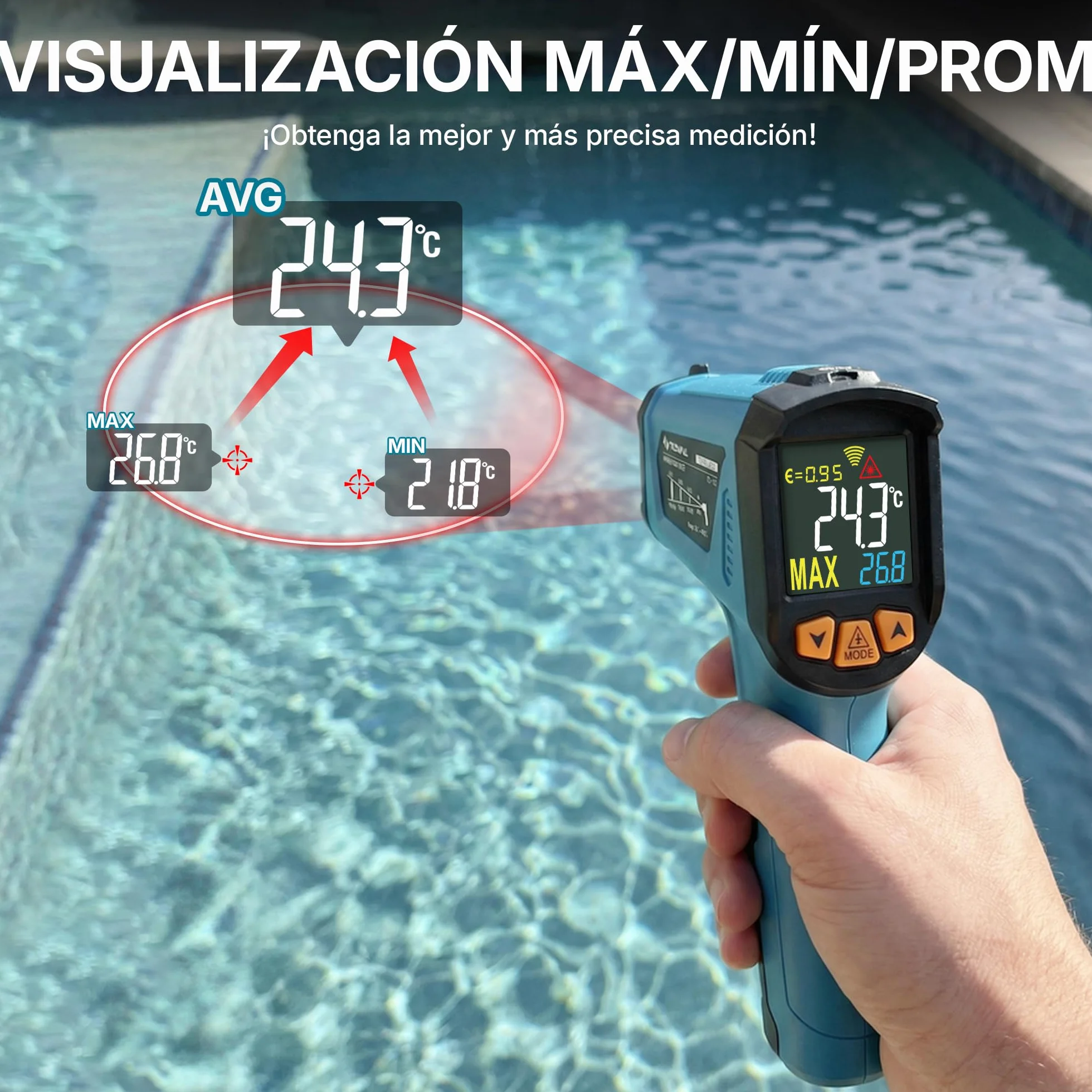 Tilswall Termómetro Infrarrojo -50°C~800°C con Sonda K, Emisividad Ajustable, para Cocina Industrial BBQ