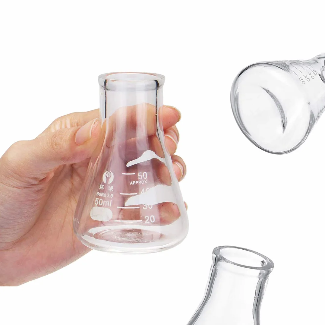 Juego de Matraz Erlenmeyer JESSTOLO 50ml, Vidrio Graduado, Cilindros de Medición 10ml/5ml, con Pipetas de Vidrio, Cepillos y Varillas de Agitación