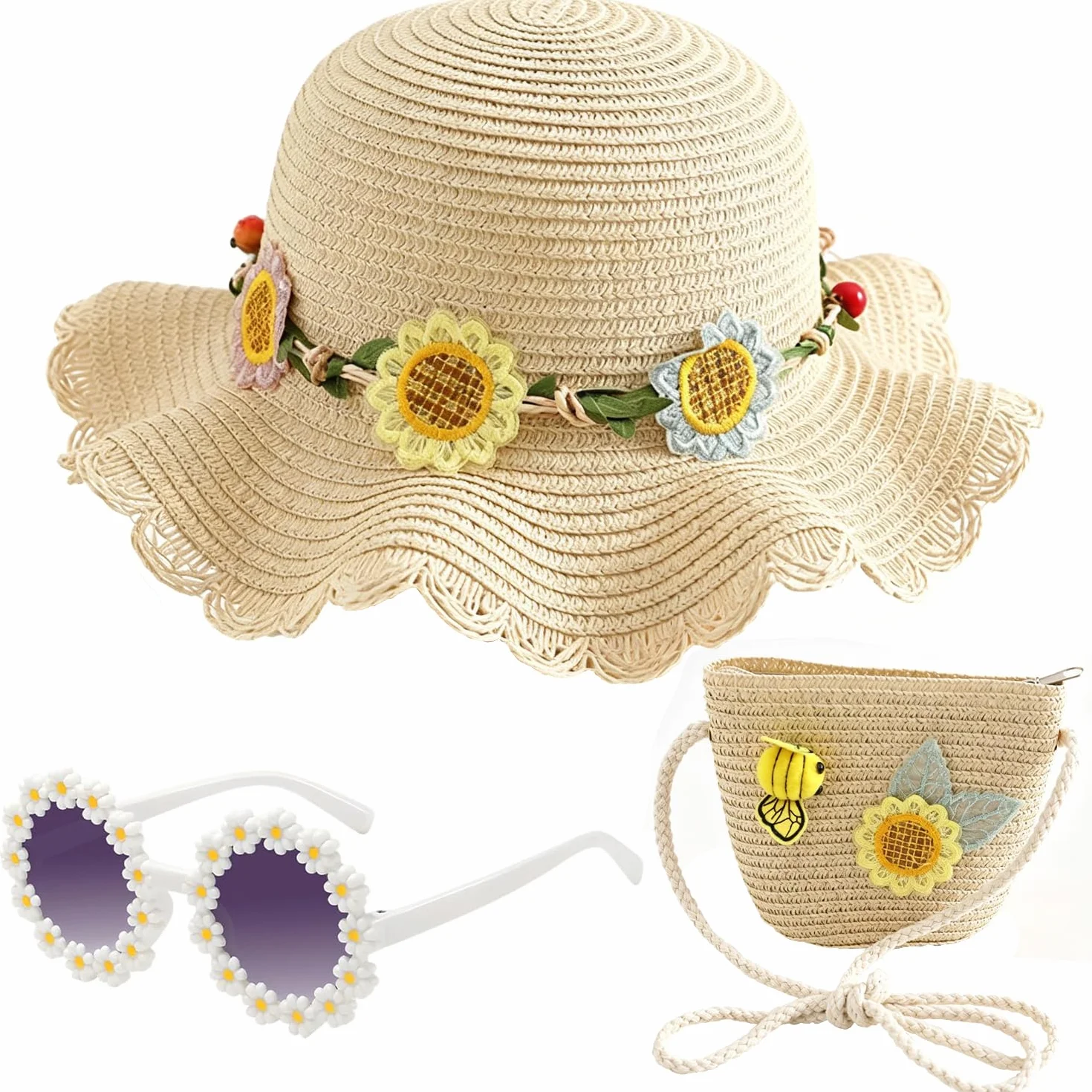 Girasoles Sombrero de Paja Niñas, Gorra de Sol Chica y Bolsa de Paja Set Gorro de Playa Gafas de Sols Playa de Verano Sombrero Mini Bolsa Cruzada de Pajas Sombreros para Viaje Beach Piscina(Beige)