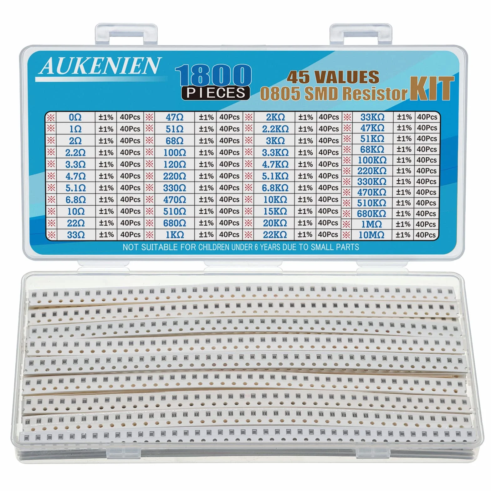 AUKENIEN 0805 SMD Resistencias 1800 Piezas 0R-10M Ohm 1/8W SMT Resistor Surtido Kit ±1% Tolerancia