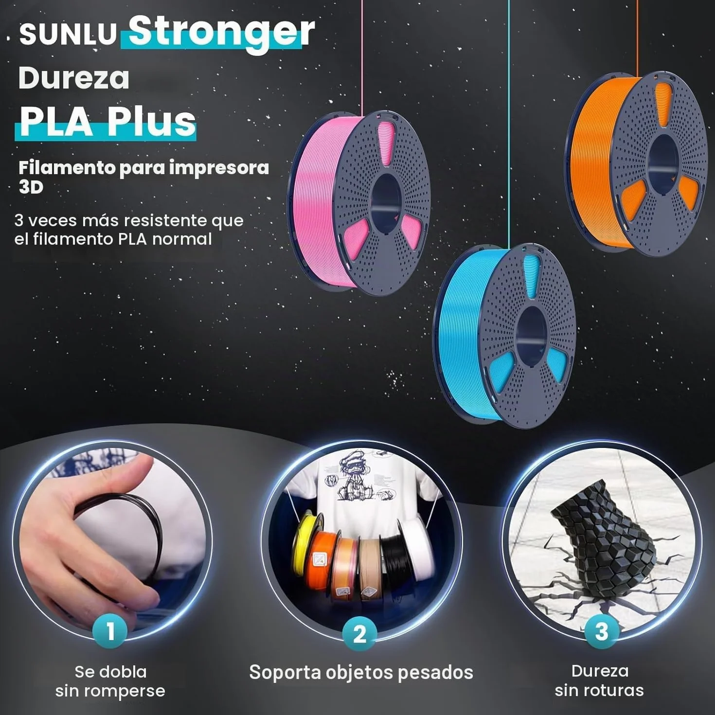 SUNLU Filamento PLA+ 1.75 mm 1KG Negro Precisión dimensional +/- 0.02mm