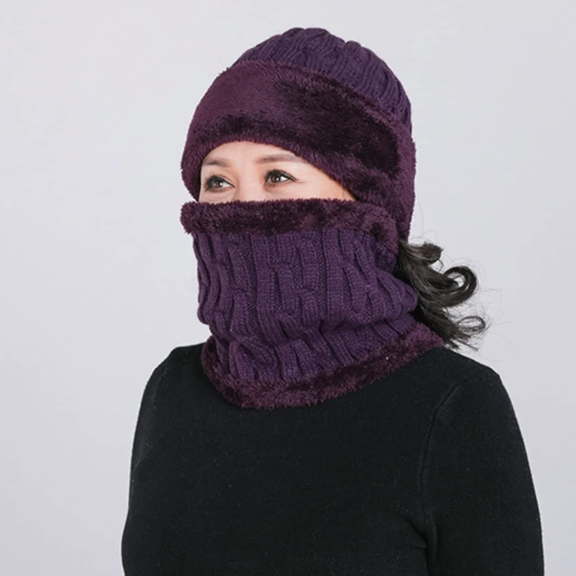 Gorro de Lana de Invierno con Forro Polar para Mujer, Conjunto de Bufanda de Punto, máscara, cálido, Suave y Holgado (Talla única)