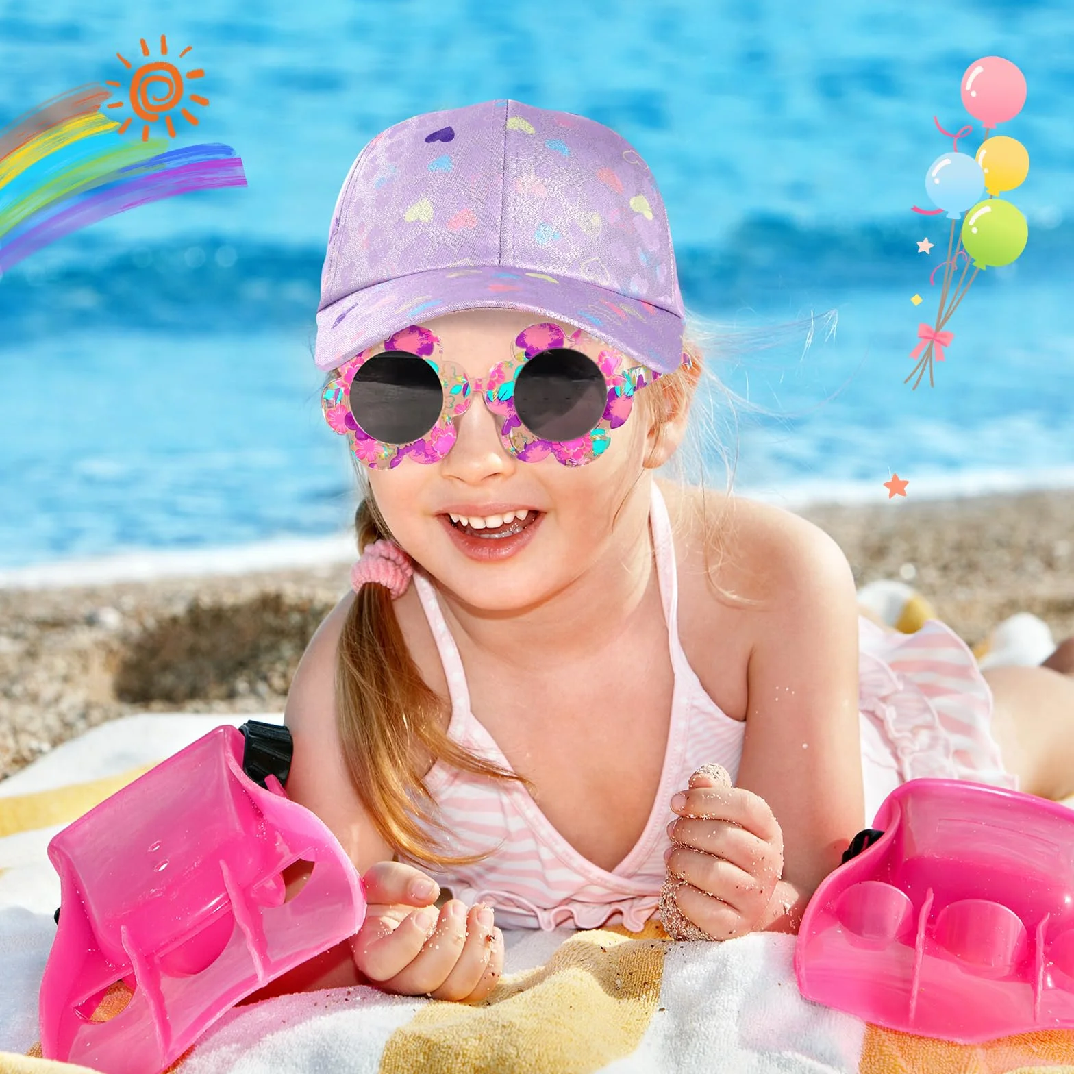 Gorra de Béisbol para Niñas, Gafas de Sol de Flor Linda Gorra Béisbol Ajustables Transpirable Gorra de Verano para Deporte Vacaciones Playa