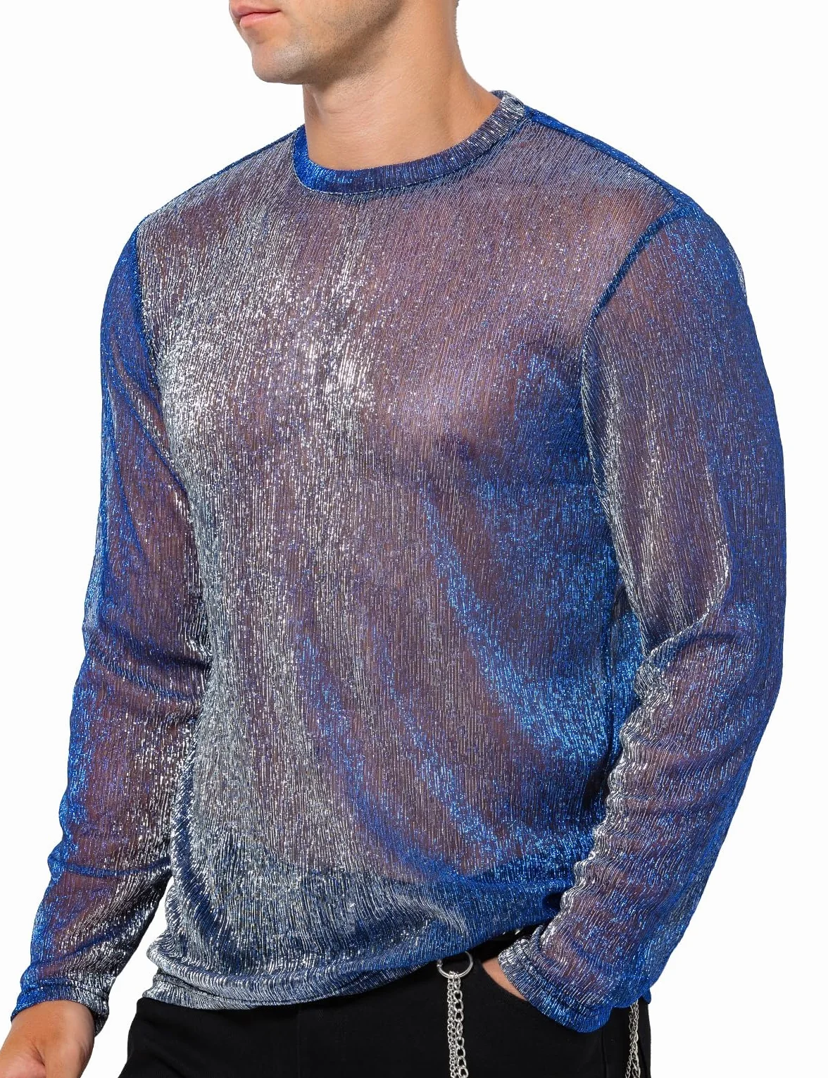 Casey Kevin Camiseta Transparentes Manga Larga Hombre Brillo Lentejuelas Rejilla Camisa Fiesta Plateada Brillante Ropa Sexy Top Fiesta Discoteca Punk Nocturno Jazz Rock Hip Hop Dance Clubwear