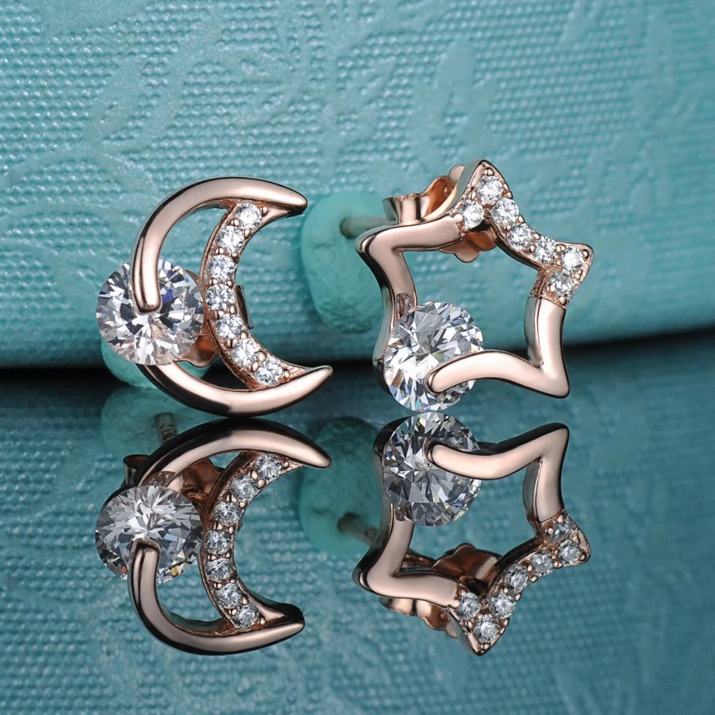 Pendientes Mujer Niña, Yumilok-Moda Pendientes con Brillantes Circontias Estrella y Luna, Oro Rosa S925 Plata de Ley
