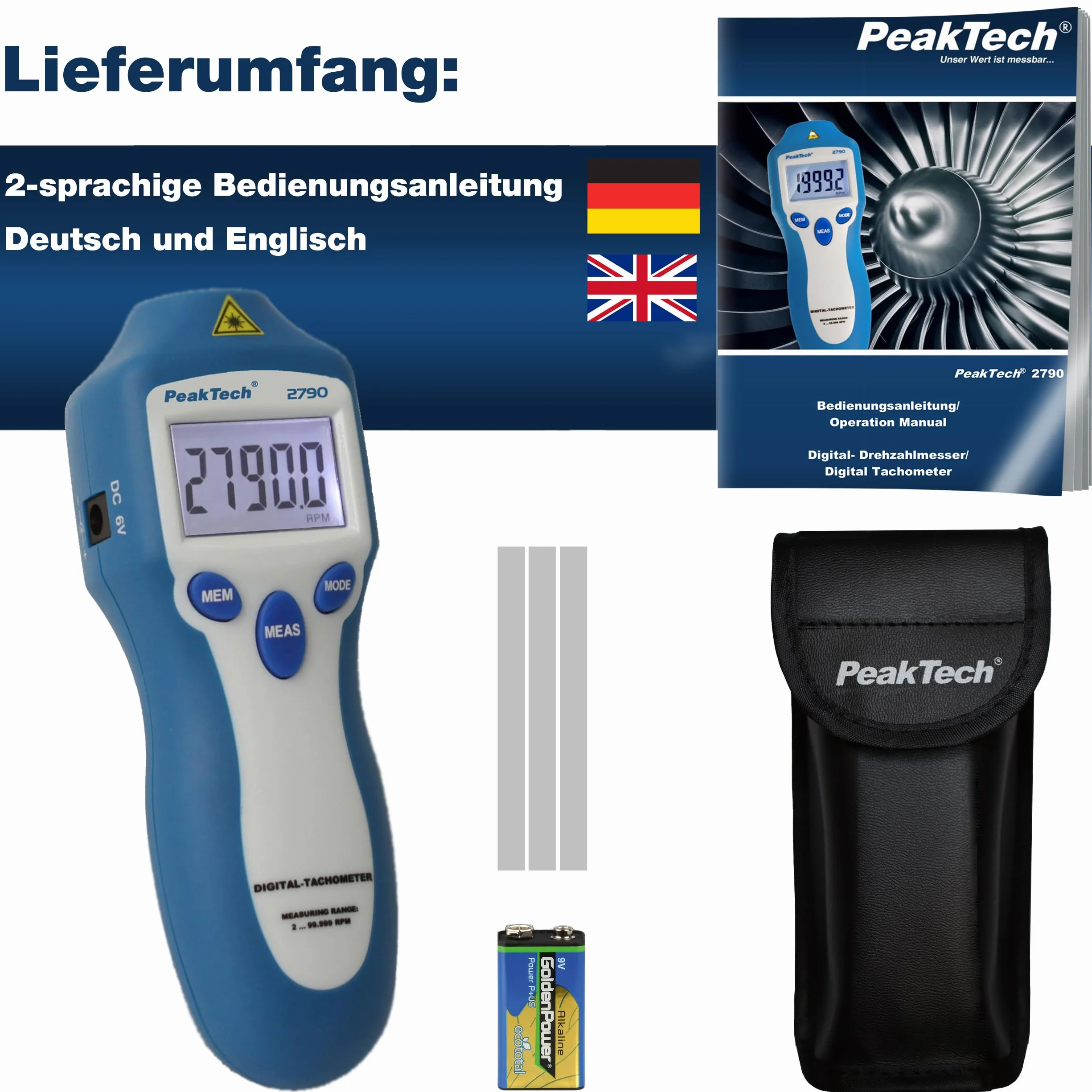 PeakTech 2790 Tacómetro cuentarrevoluciones 100.000 sin contacto 2 y 4 tiempos gasolina diesel