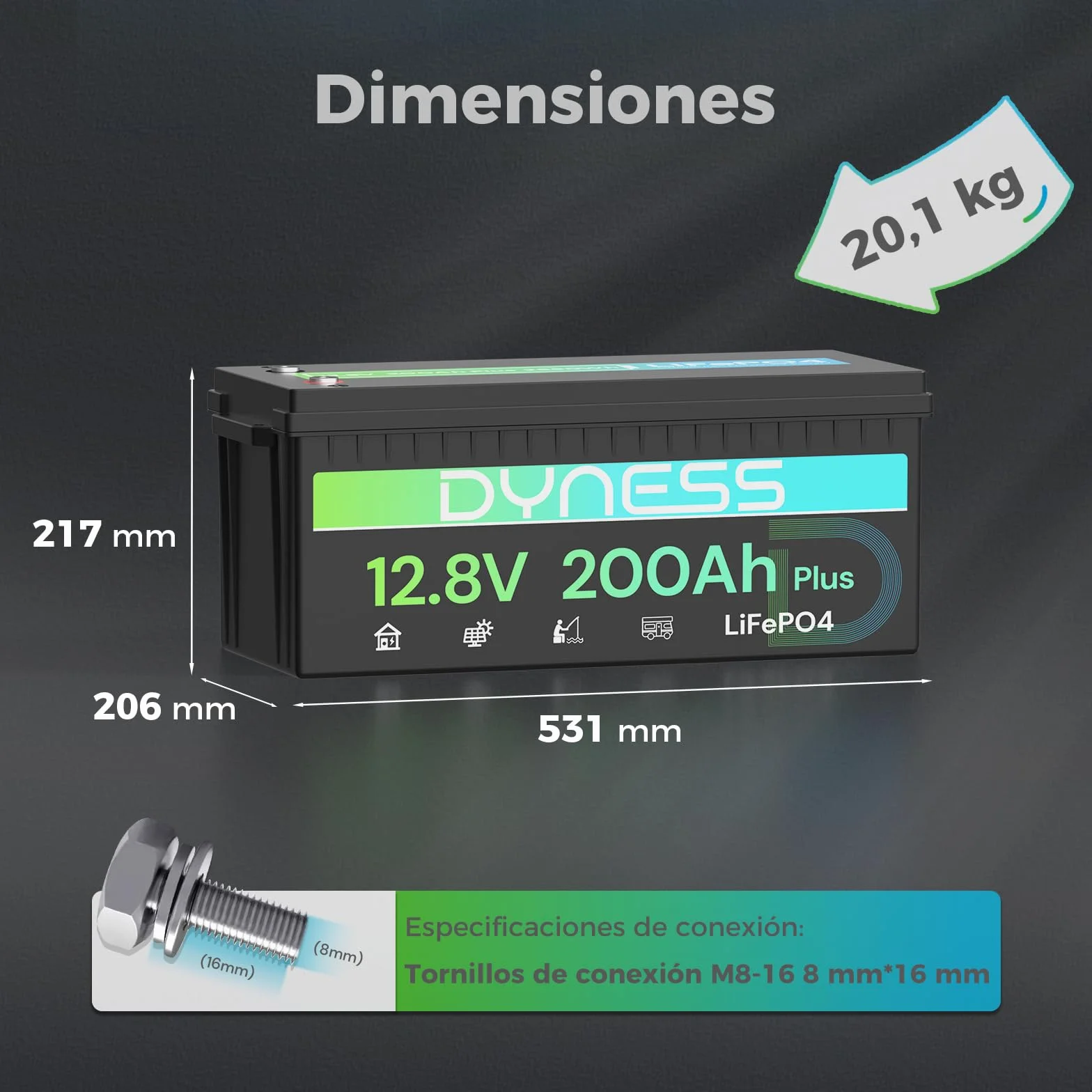 Dyness LiFePO4 Batería de Litio 12V 200Ah 2560Wh BMS 200A Ciclo Profundo Marina RV Solar