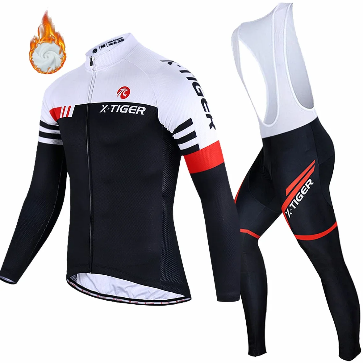 X-TIGER Ropa de Ciclismo de Invierno para Hombre con Pantalón Acolchado de Gel 5D Y Culotte con Tirantes + Conjunto de Camiseta de Ciclismo