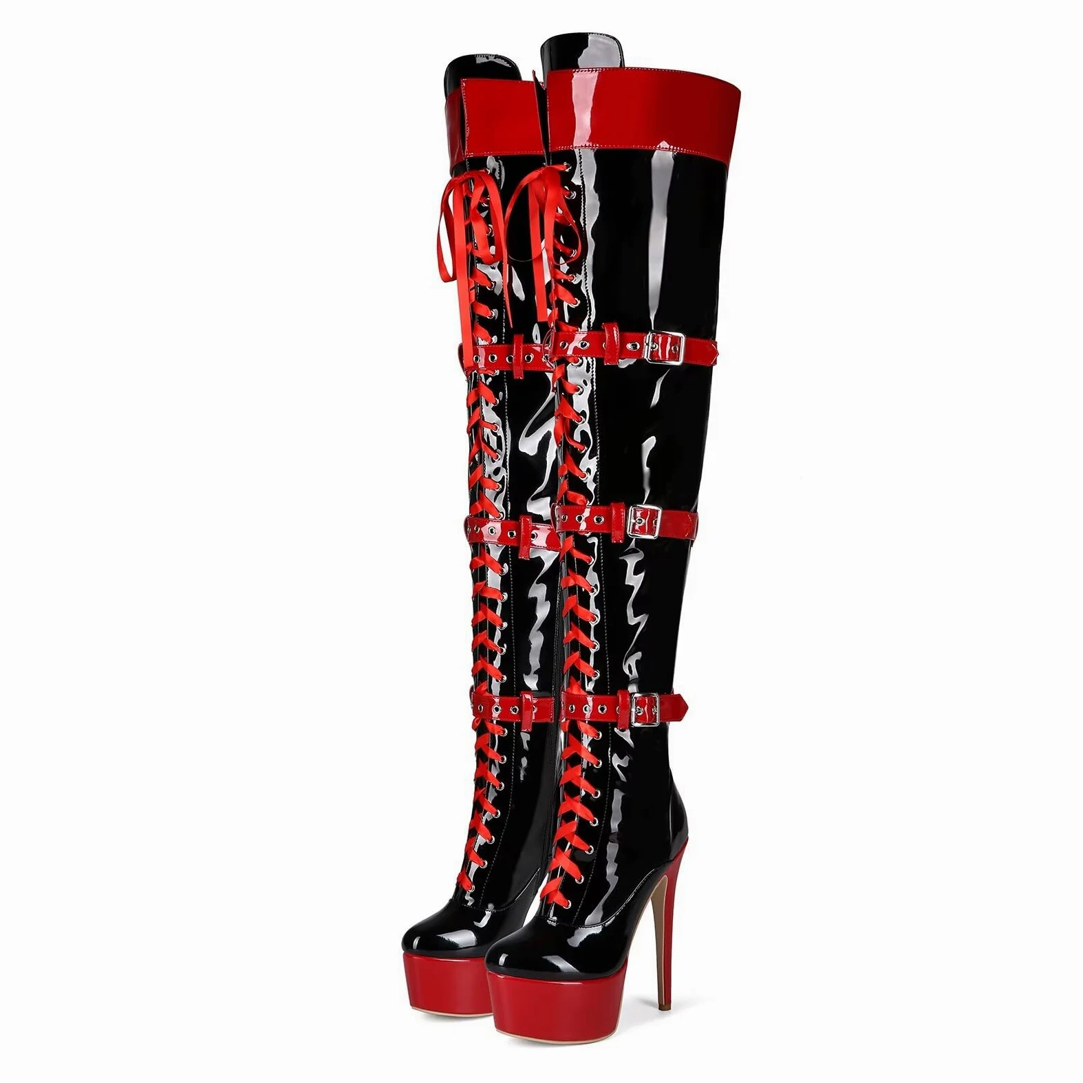 Frankie Hsu Botas largas de tacón alto con plataforma de aguja sexy por encima de la rodilla, cinturón de cinta de charol negro y rojo, ajustable, muslo, talla grande US5-19, zapatos para mujeres y