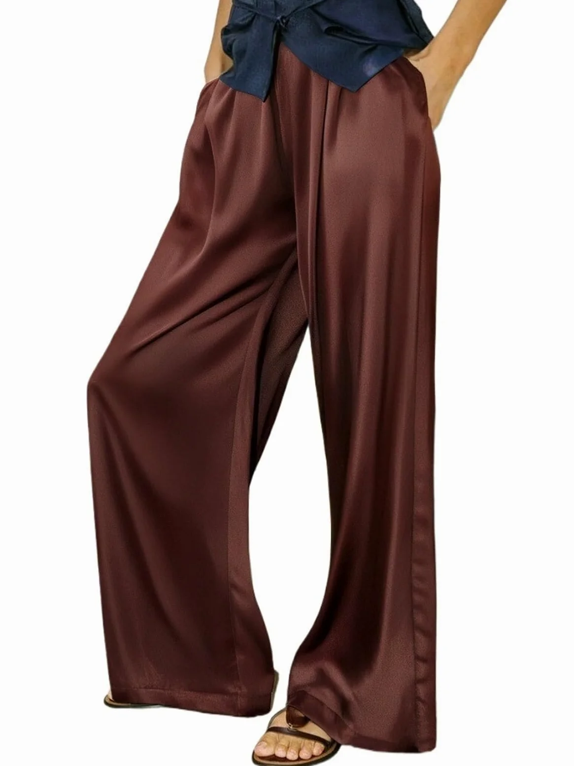Pantalones Anchos de satén for Mujer, Pantalones con Bolsillos, Holgados Cintura Alta Negros y Marrones for