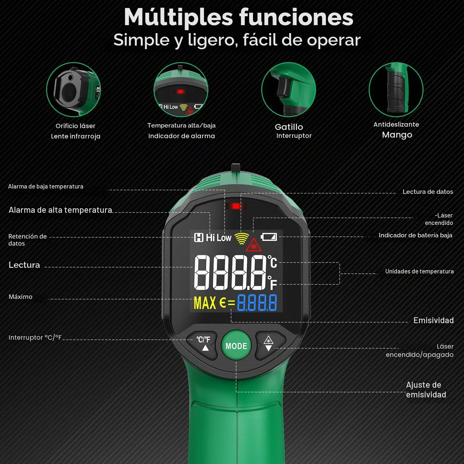 Termómetro Infrarrojo SQECH Láser -50℃~600℃ Emisividad Ajustable Retroiluminación Color Verde