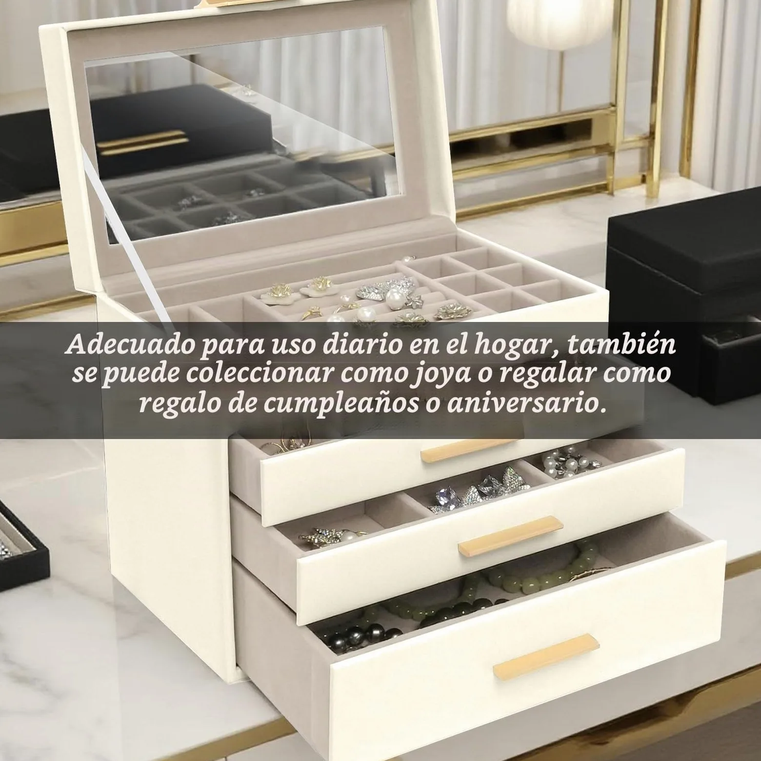 Caja Joyero Mujer de 4 Niveles, Joyeros Organizador Joyas Cuero PU | 3 Cajones, Gran Capacidad, Joyería Joyero para Mujeres y Niñas para Pendientes, Cadenas, Pulseras - Beige