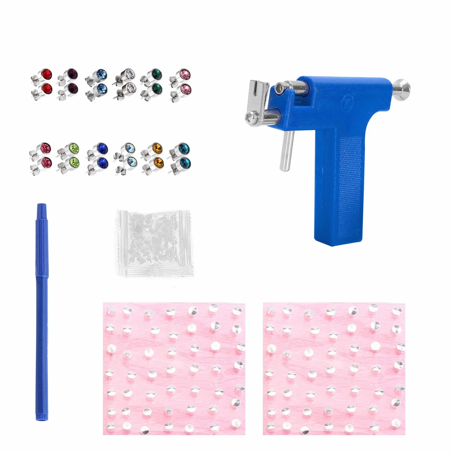 Juego de piercings para orejas de 200 piezas con 12 pares de aretes coloridos, pistola para perforar orejas, herramienta adecuada para uso doméstico, 11cm